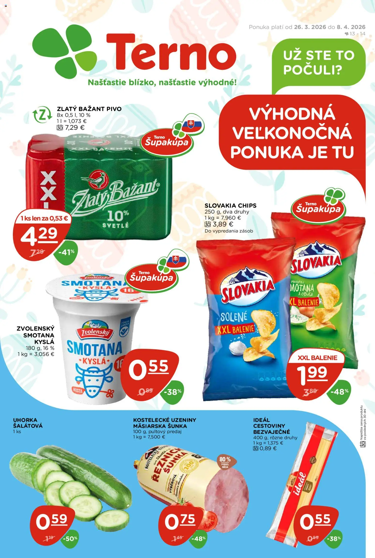 Nové Terno akcie – leták je platný od 26.03.2026 | Strana: 1 | Produkty: Pivo, Smotana, Zlatý Bažant, Cibuľa