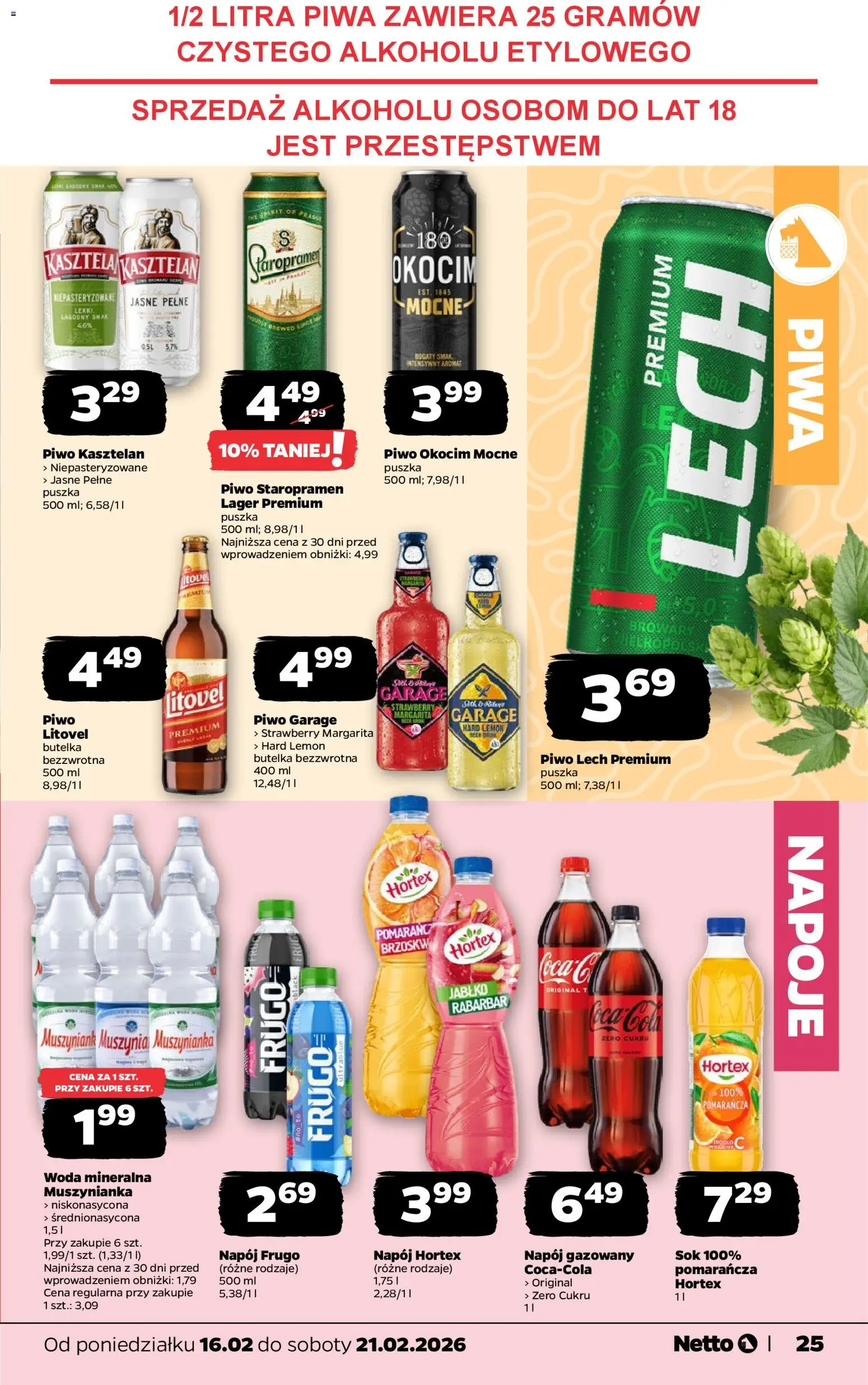Netto gazetka - Spożywcza od 16.02.2026 | Strona: 25 | Produkty: Napoje, Muszynianka, Sok, Piwo