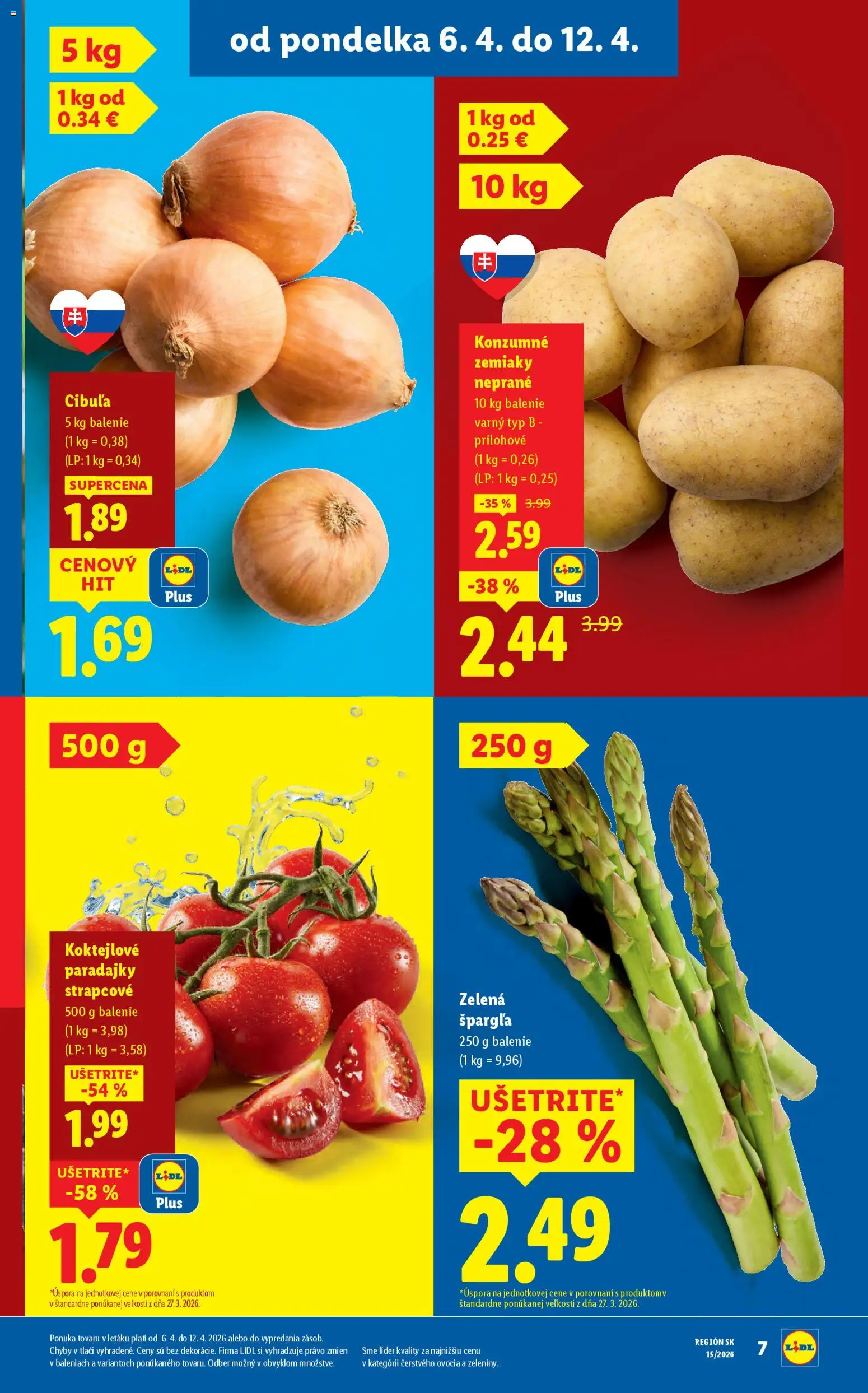 Nové Lidl akcie – leták je platný od 06.04.2026 | Strana: 7 | Produkty: Paradajky, Zemiaky, Cibuľa, Špargľa