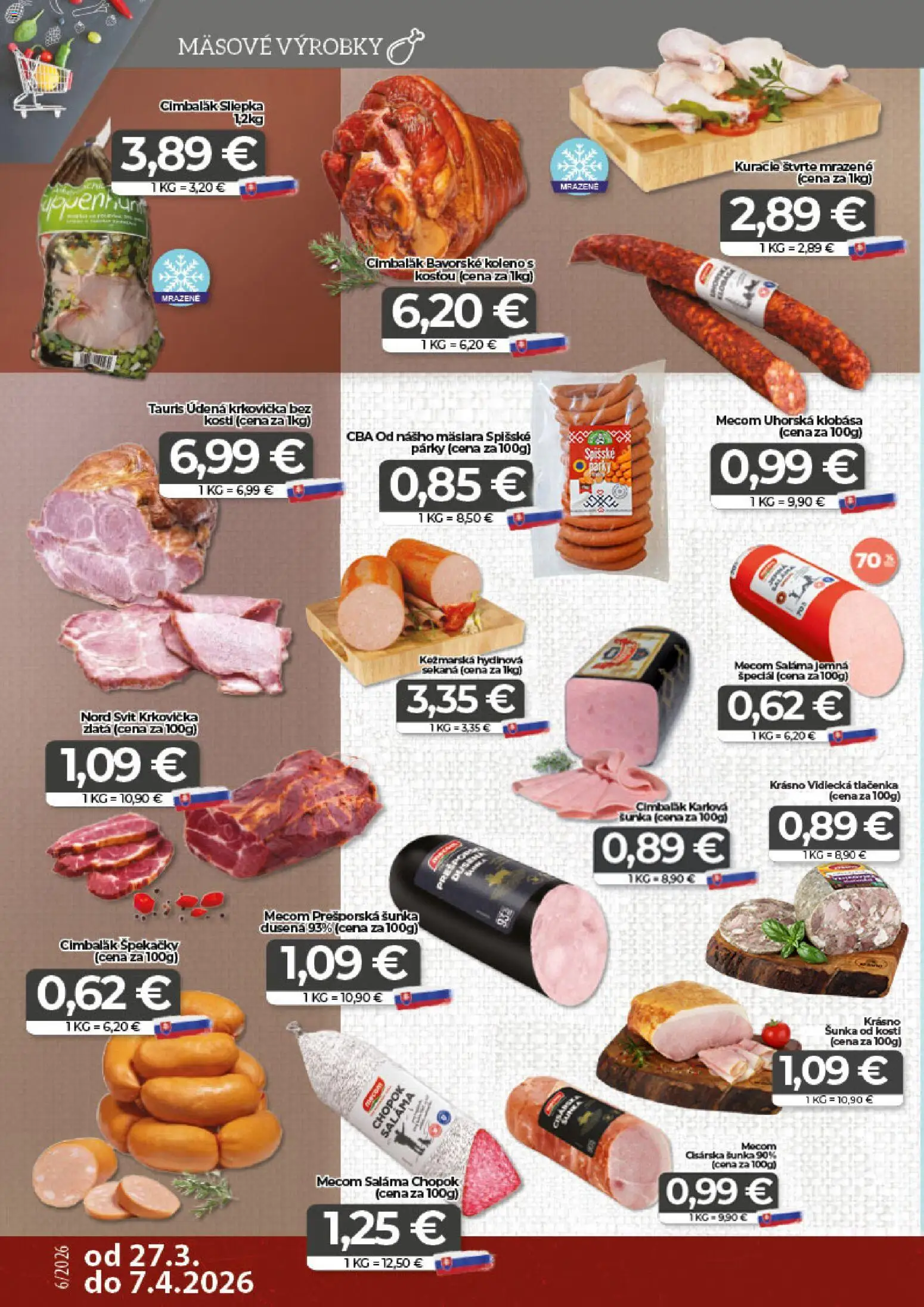 Nové CBA Komfos akcie – leták je platný od 27.03.2026 | Strana: 2 | Produkty: Saláma, Šunka, Krkovička, Párky