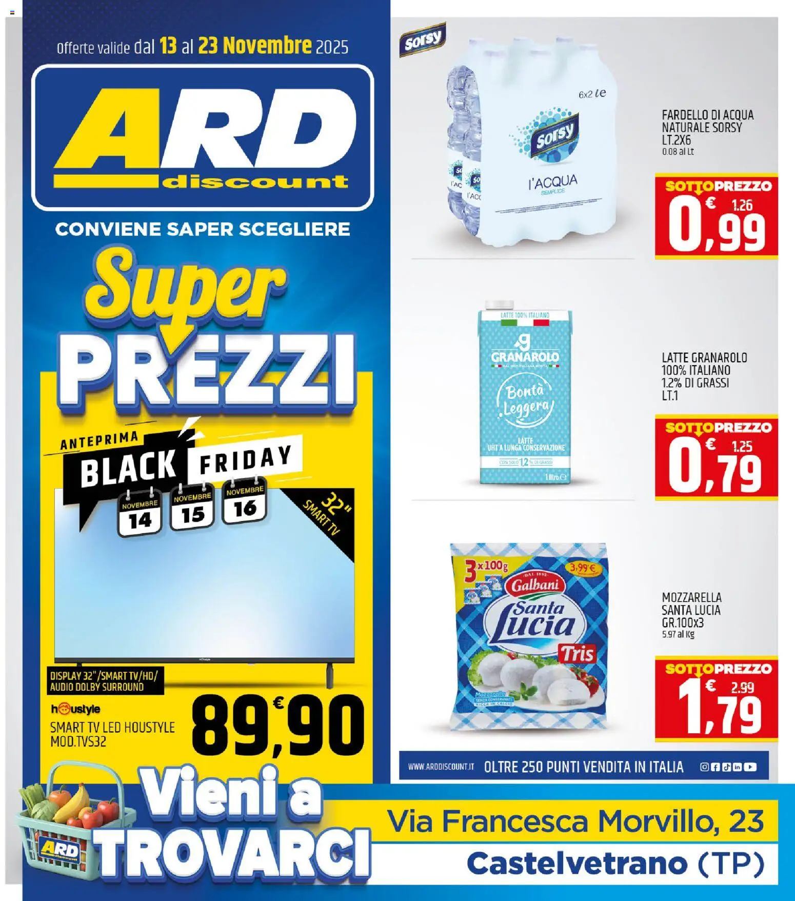 Volantino ARD Discount del 13.11.2025 | Pagina: 1 | Prodotti: smart TV, Acqua, Latte, TV