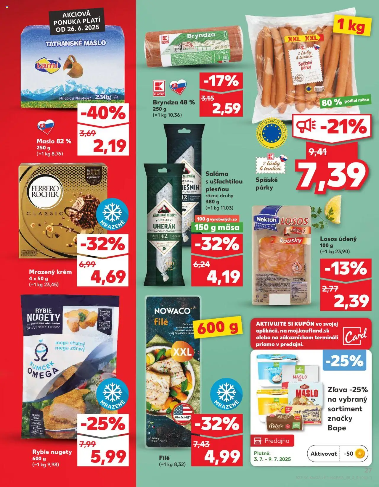 Nové Kaufland akcie – leták je platný od 03.07.2025 | Strana: 27 | Produkty: Losos, Krém, Párky, Ferrero Rocher