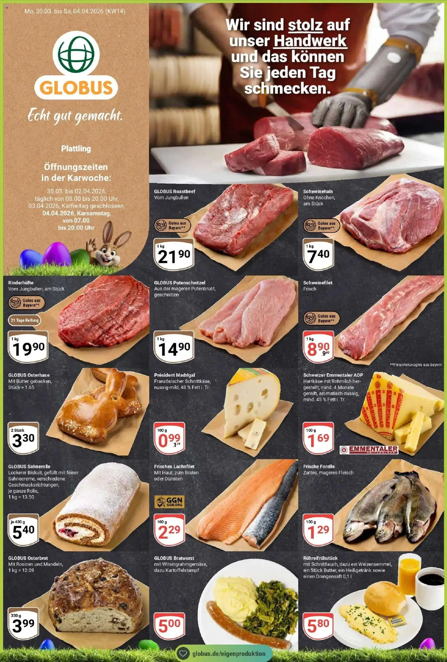 Globus prospekt Plattling	 – gültig ab 30.03.2026 | Seite: 1 | Produkte: Orangensaft, Schweinefilet, Fleisch, Uhr
