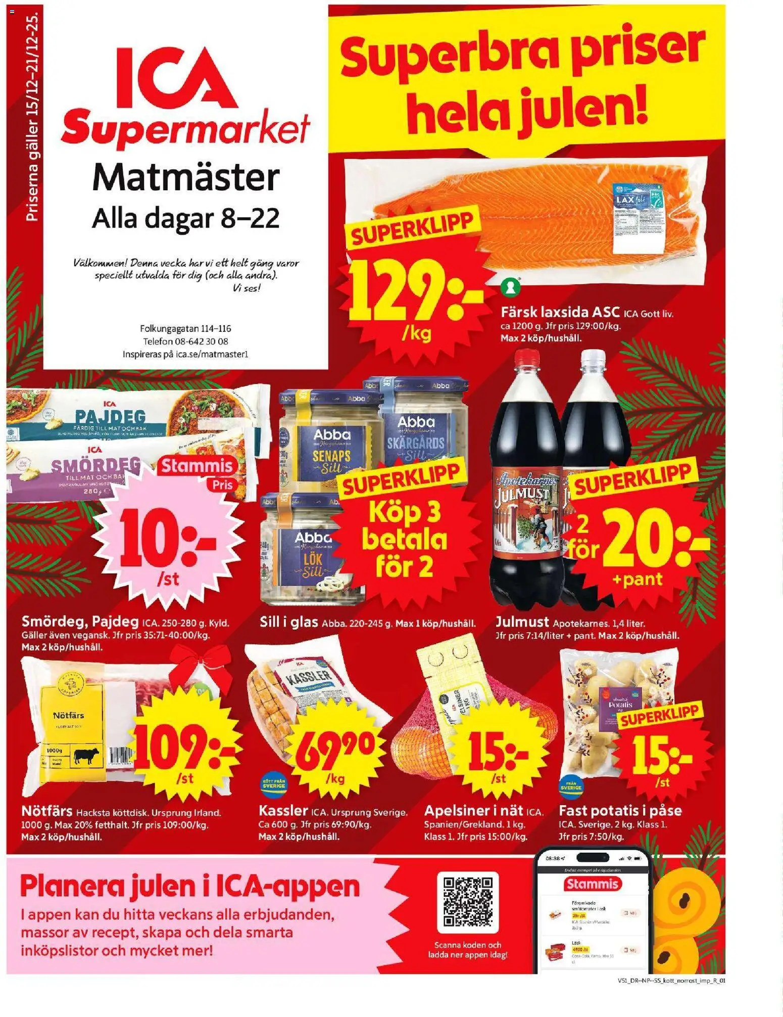 ICA Supermarket reklamblad aktuell från 15.12.2025 | Sida: 1 | Produkter: Kassler, Nötfärs, Fanta, Apelsiner