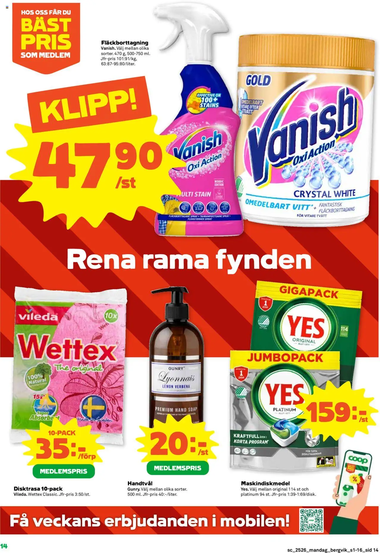 Stora Coop reklamblad aktuell från 23.06.2025 | Sida: 14 | Produkter: Fläckborttagning, Disktrasa, Handtvål