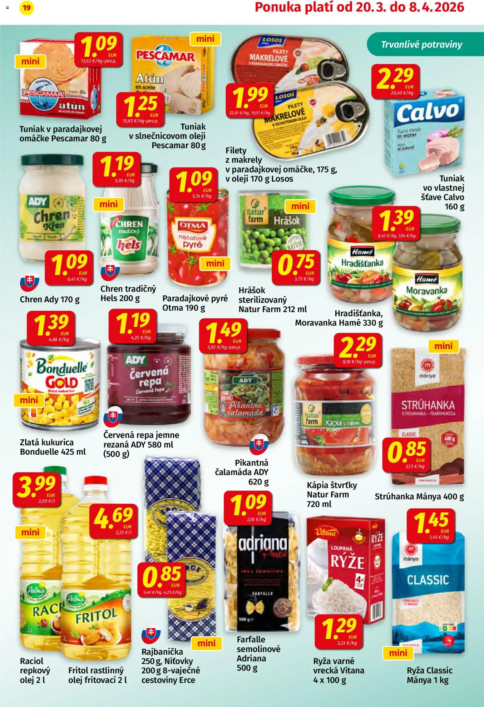 Nové Koruna akcie – leták je platný od 20.03.2026 | Strana: 19 | Produkty: Olej, Ryža, Hrášok, Losos