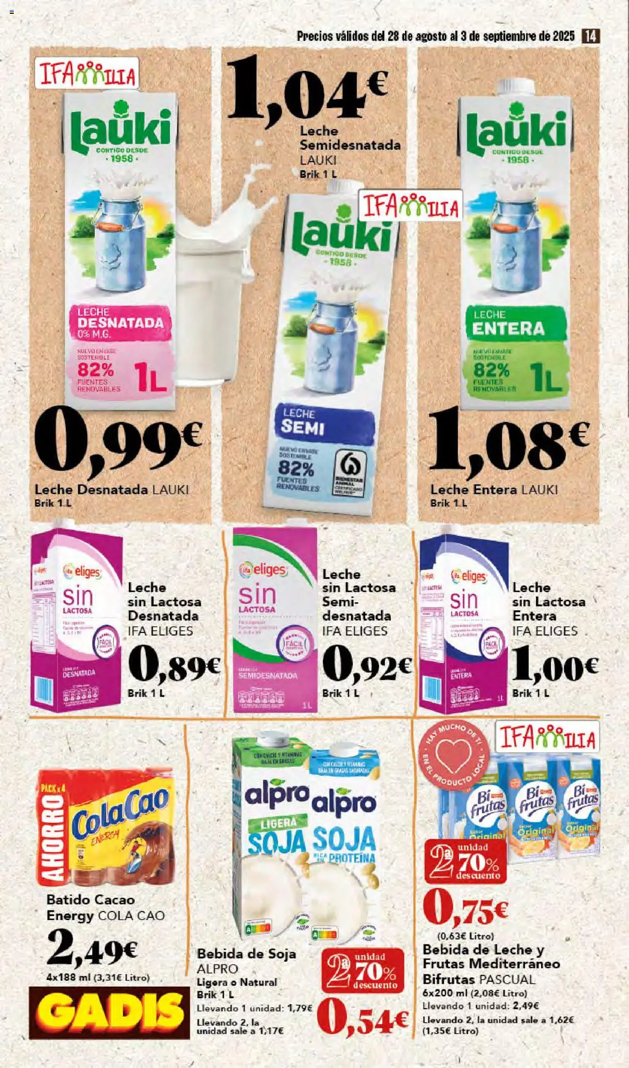 Gadis folleto │ válido desde el 28.08.2025 | Página: 14 | Productos: Leche sin lactosa, Leche entera, Leche, Φρυγανιές σικάλεως