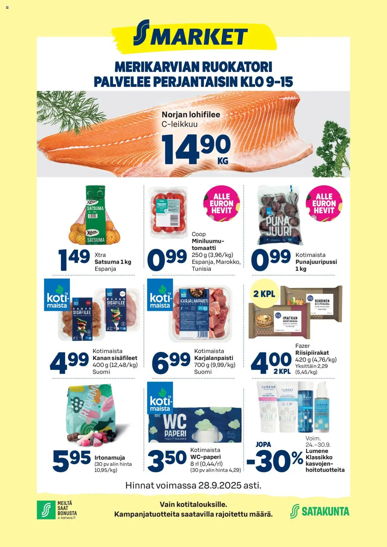 S-market - Esite – voimassa 24.09.2025 alkaen | Sivu: 1 | Tuotteet: Wc-paperi, Satsuma, Paperi