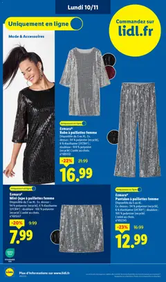 LIDL - Prévisualisation de EsmaraⓇ, Robe à paillettes femme, Disponible du S au XL. Ex. dessus: 94% polyester (recyclé), 6% élasthanne (LYCRA®); doublure: 100% polyester (recyclé) L'unité au choix. valide à partir de 06.11.2025 | Page: 88 | Produits: Robe, Pantalon, Mini-jupe