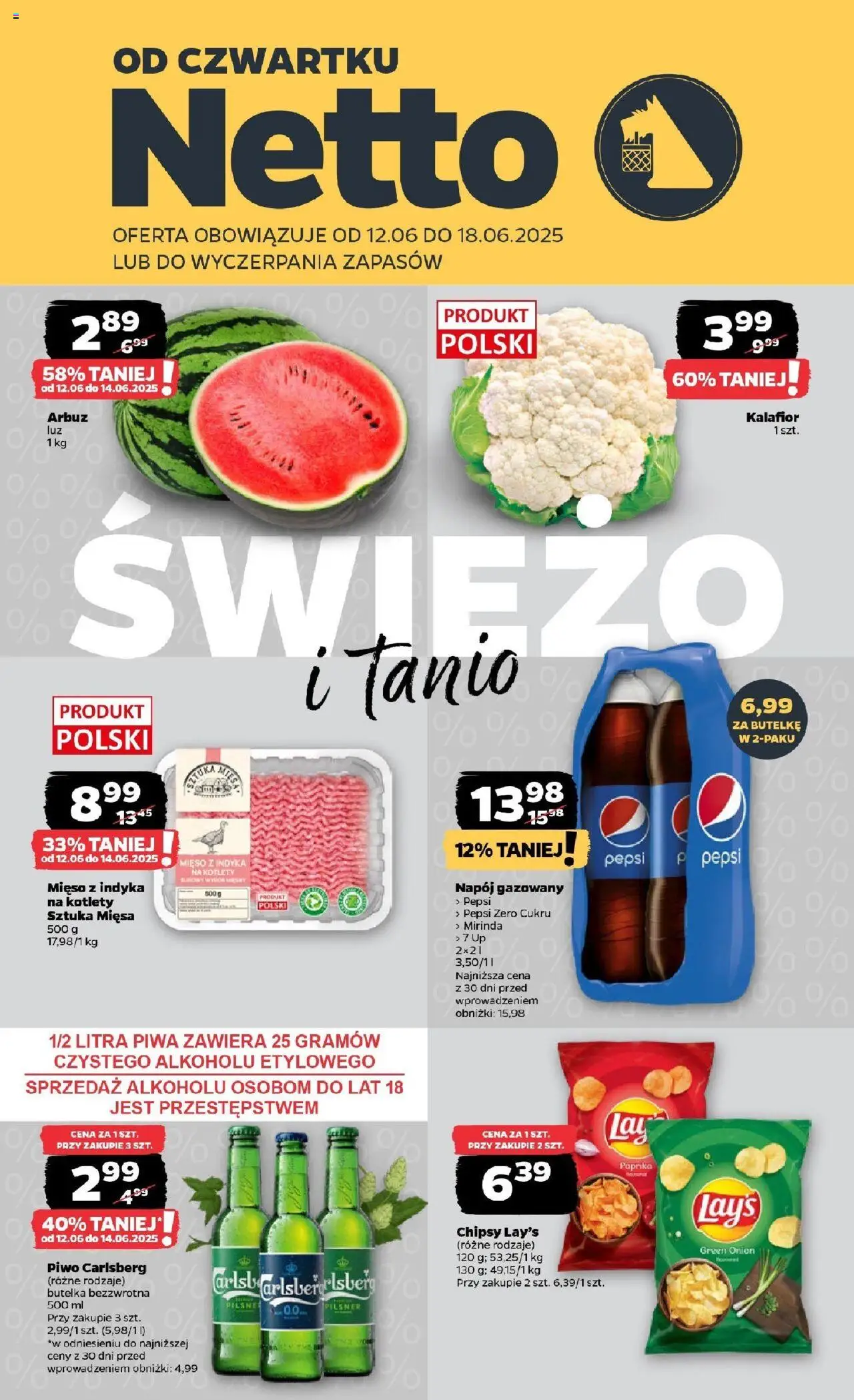 Netto gazetka - Spożywcza od 12.06.2025 | Strona: 1 | Produkty: Arbuz, Mięso z indyka, Piwo Carlsberg, Kotlety