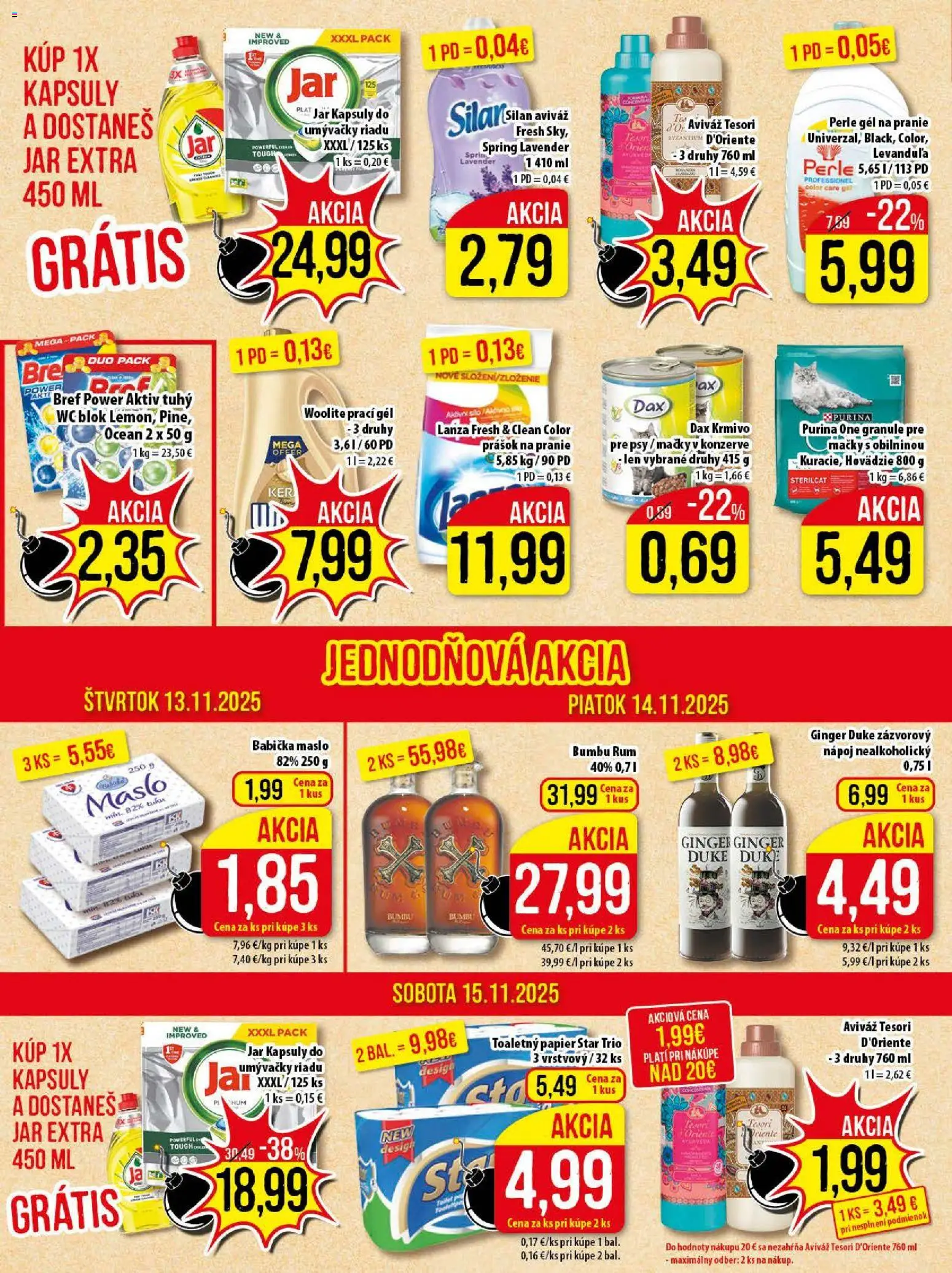 Nové Klas akcie – leták je platný od 10.11.2025 | Strana: 23 | Produkty: Maslo, Prášok na pranie, Aviváž, Wc blok
