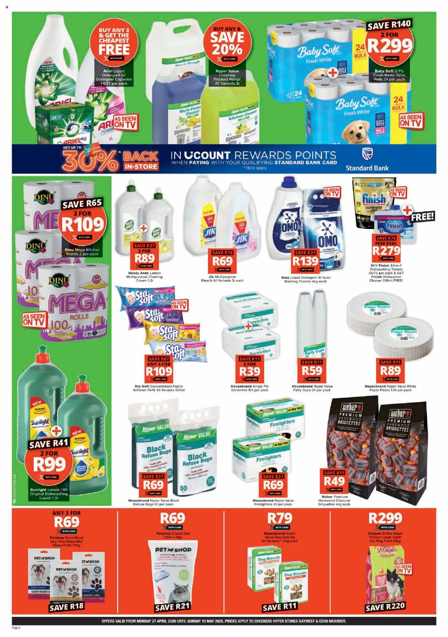 New Checkers catalogue – valid from 27.04.2026 | Page: 6 | Products: Bleach, Biscuits, Cream, Detergent