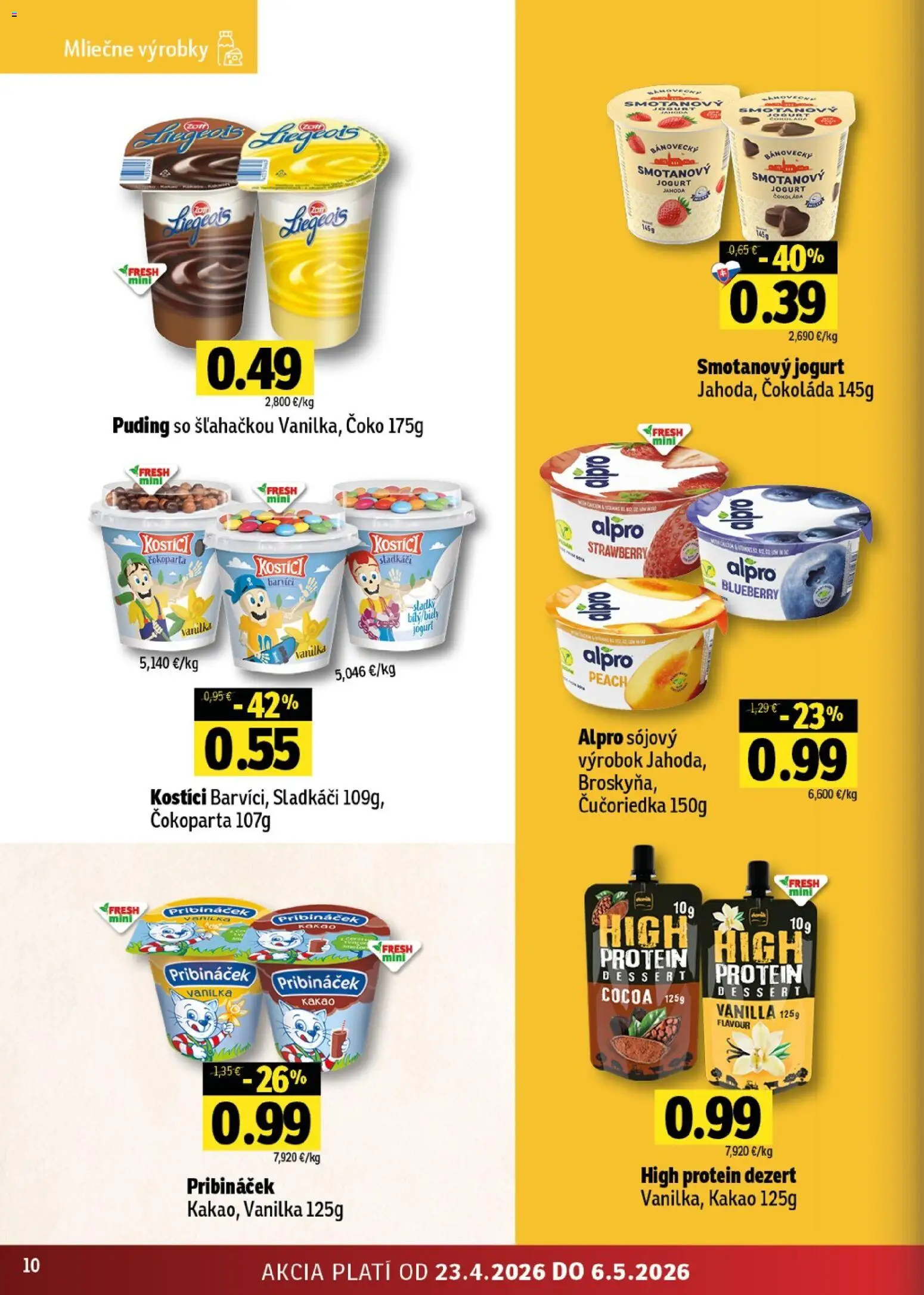 Nové Fresh akcie – leták je platný od 23.04.2026 | Strana: 10 | Produkty: Protein, Puding, Alpro, Kakao