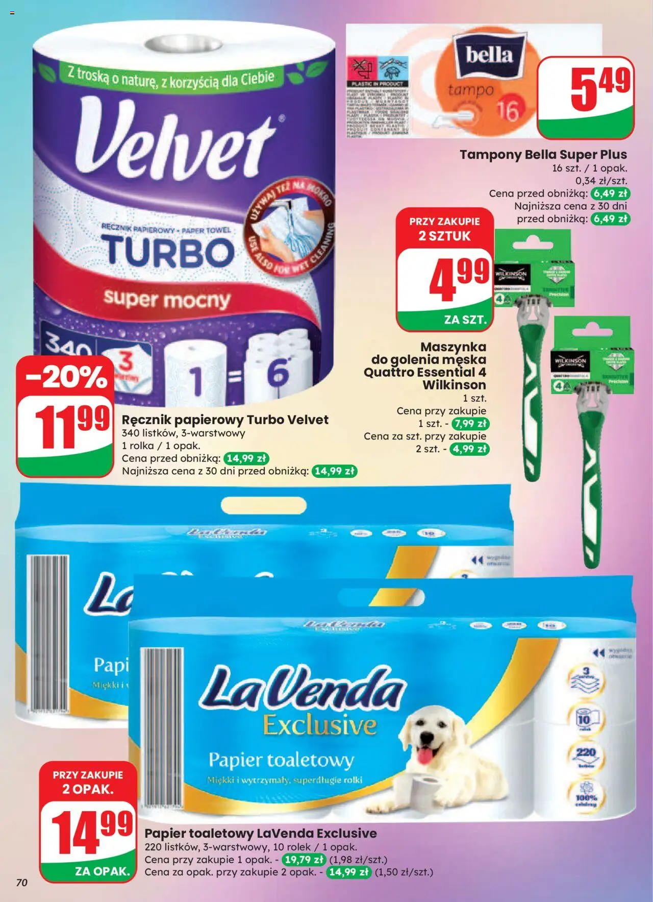 Dino Gazetka od 20.08.2025 | Strona: 70 | Produkty: Papier toaletowy lavenda, Papier toaletowy, Tampony, Ręcznik papierowy