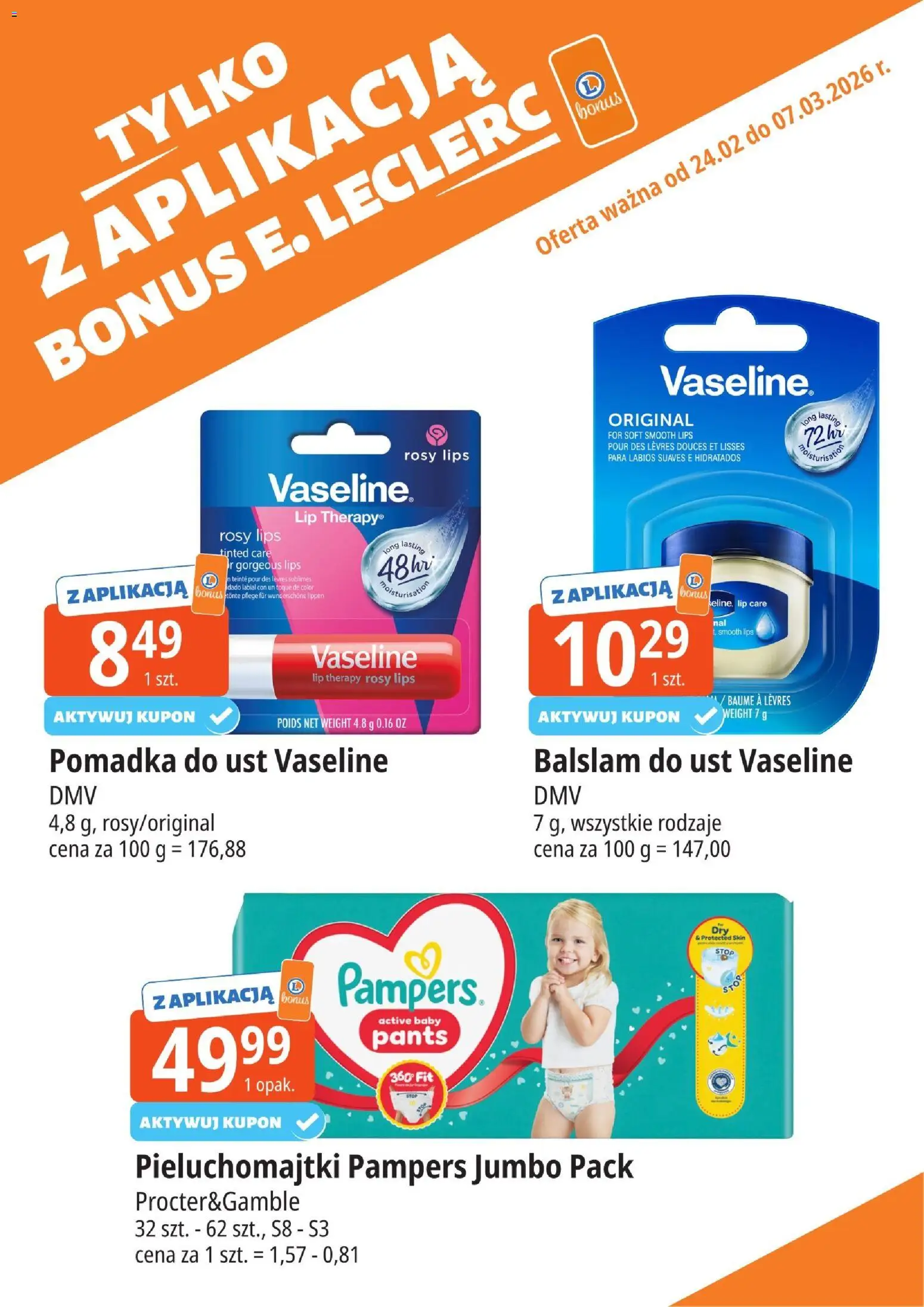 E.Leclerc Gazetka - Tychy kupony dodatkowe od 24.02.2026 | Strona: 12 | Produkty: Pampers, Pieluchomajtki, Pomadka, Pomadka do ust