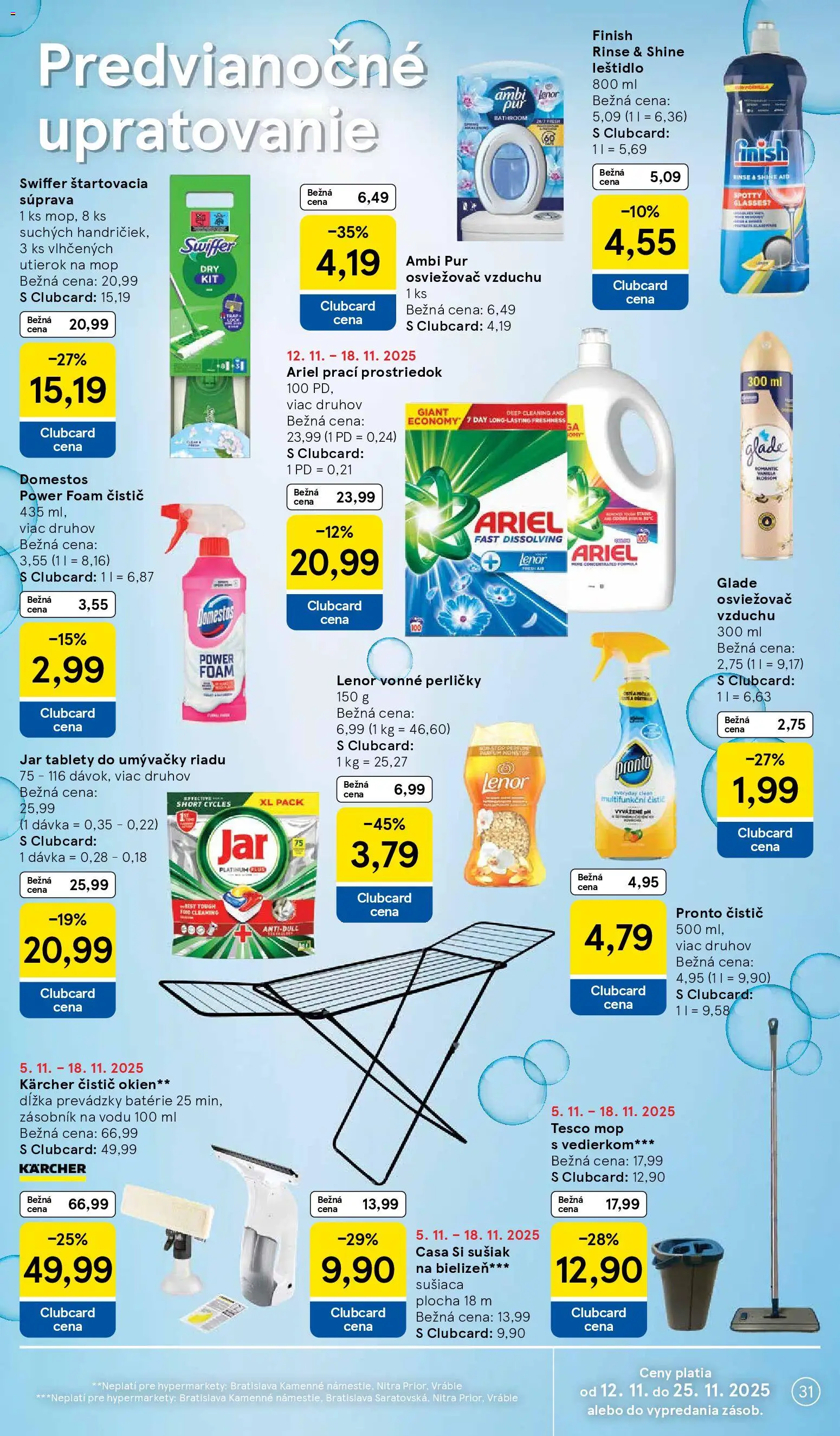 Nové Tesco akcie – leták je platný od 12.11.2025 | Strana: 31 | Produkty: Osviežovač vzduchu, Čistič okien, Mop, Kärcher