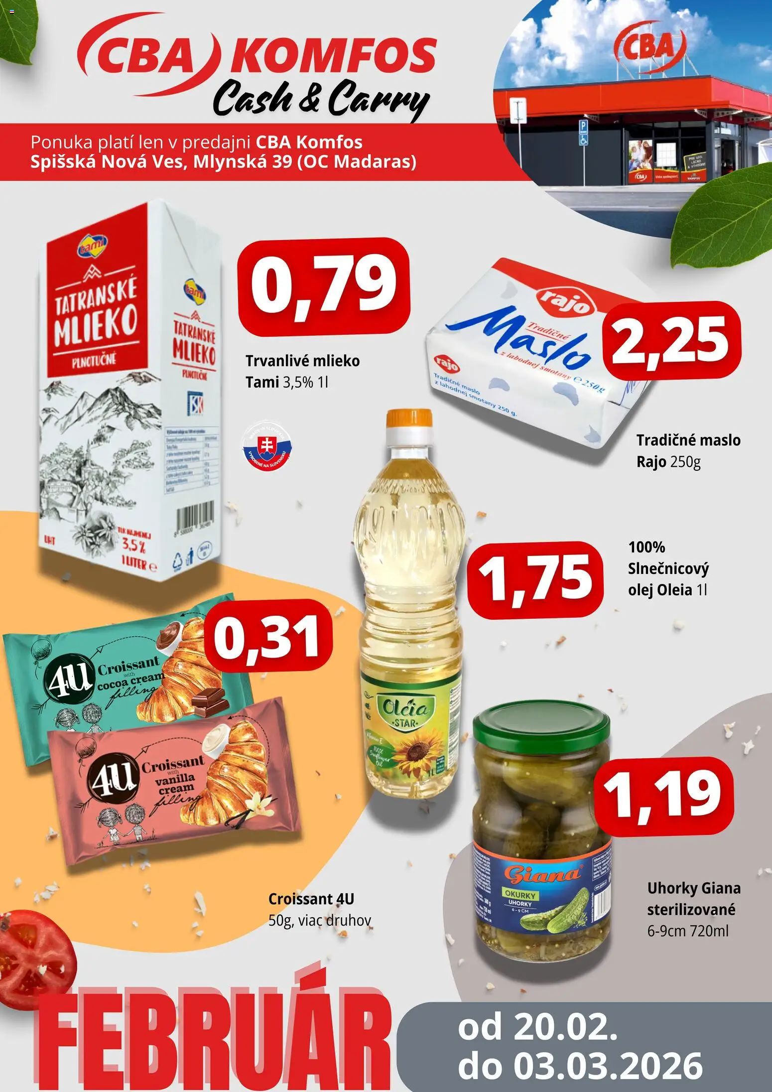Nové CBA Komfos akcie – leták je platný od 20.02.2026 | Strana: 1 | Produkty: Mlieko, Croissant, Slnečnicový olej, Uhorky