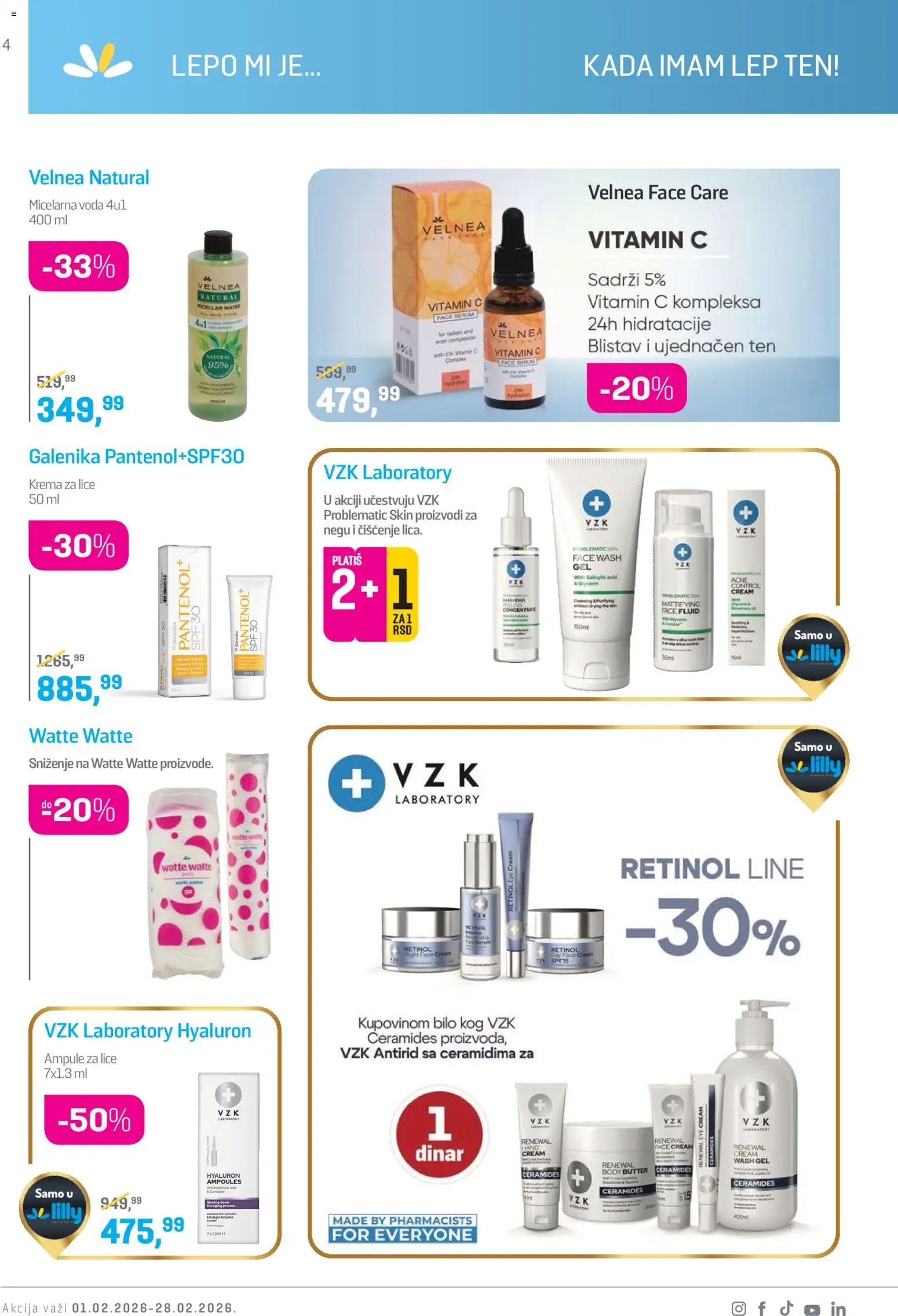 Lilly drogerie katalog - važi od 01.02.2026 | Strana: 4 | Proizvode: Voda, Krema, Micelarna voda