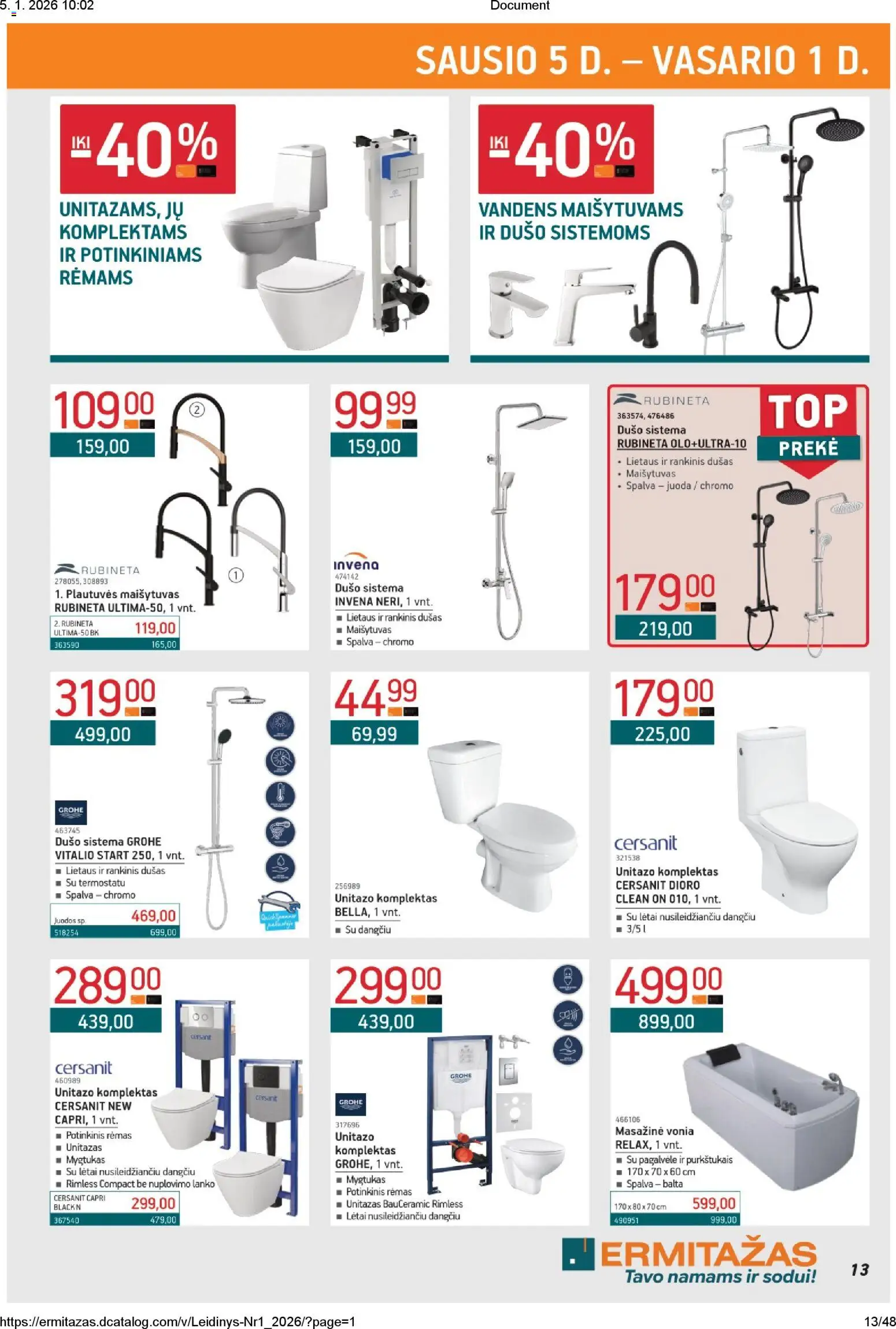 ERMITAŽAS akcijos nuo 05.01.2026 | Puslapis: 13 | Prekių: Maišytuvas, Vonia, Dušas, Unitazas