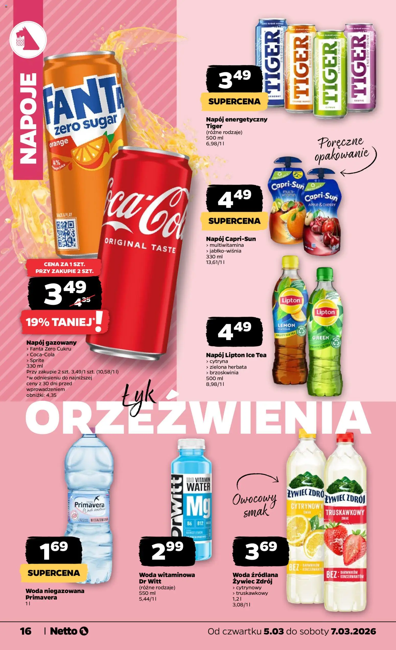 Netto gazetka od czwartku spożywcza od 05.03.2026 | Strona: 16 | Produkty: Napoje, Woda źródlana, Sprite, Woda