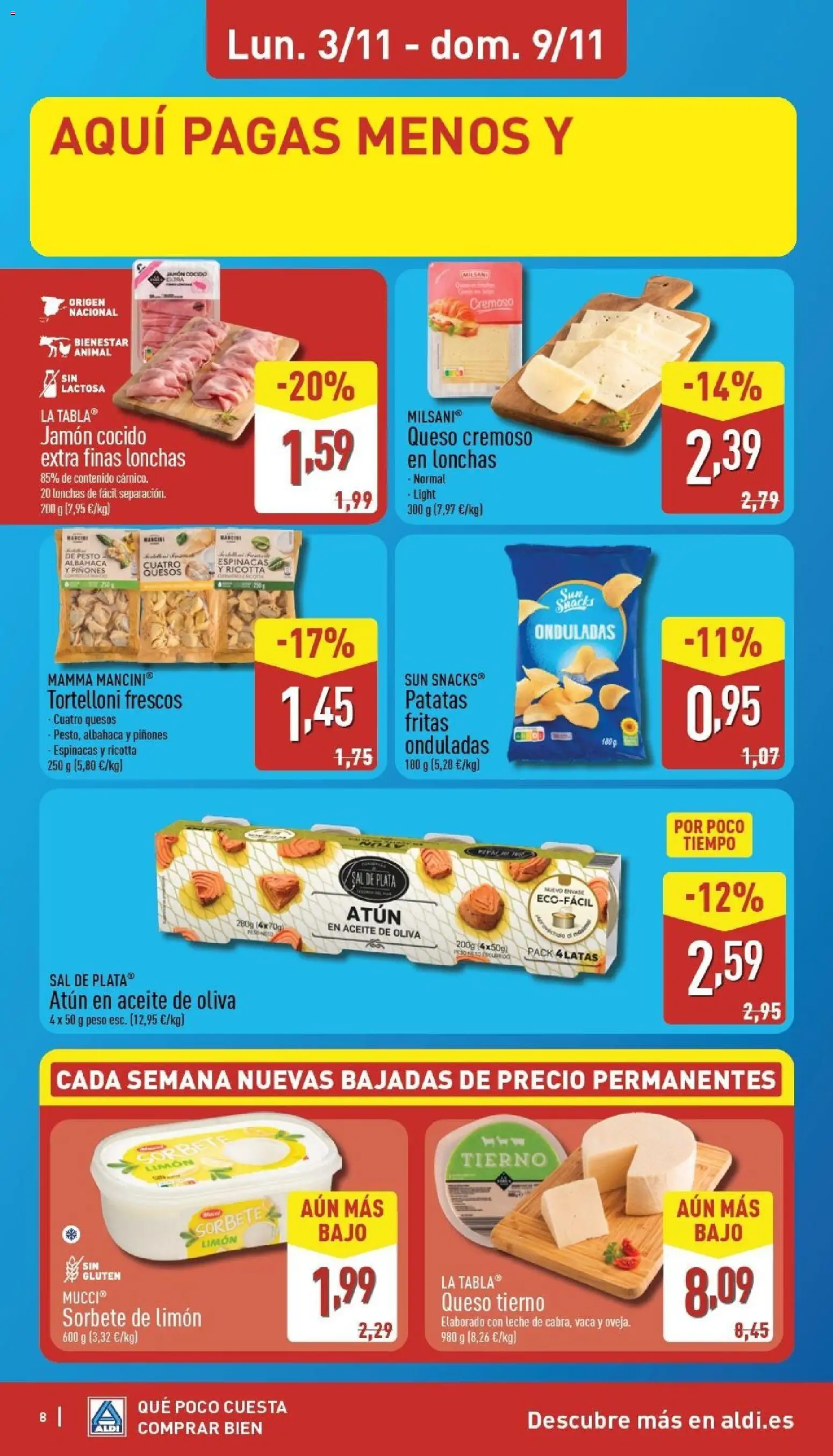 Aldi folleto Baleares │ válido desde el 03.11.2025 | Página: 8 | Productos: Leche, Queso, Jamón cocido, Πορσελάνη