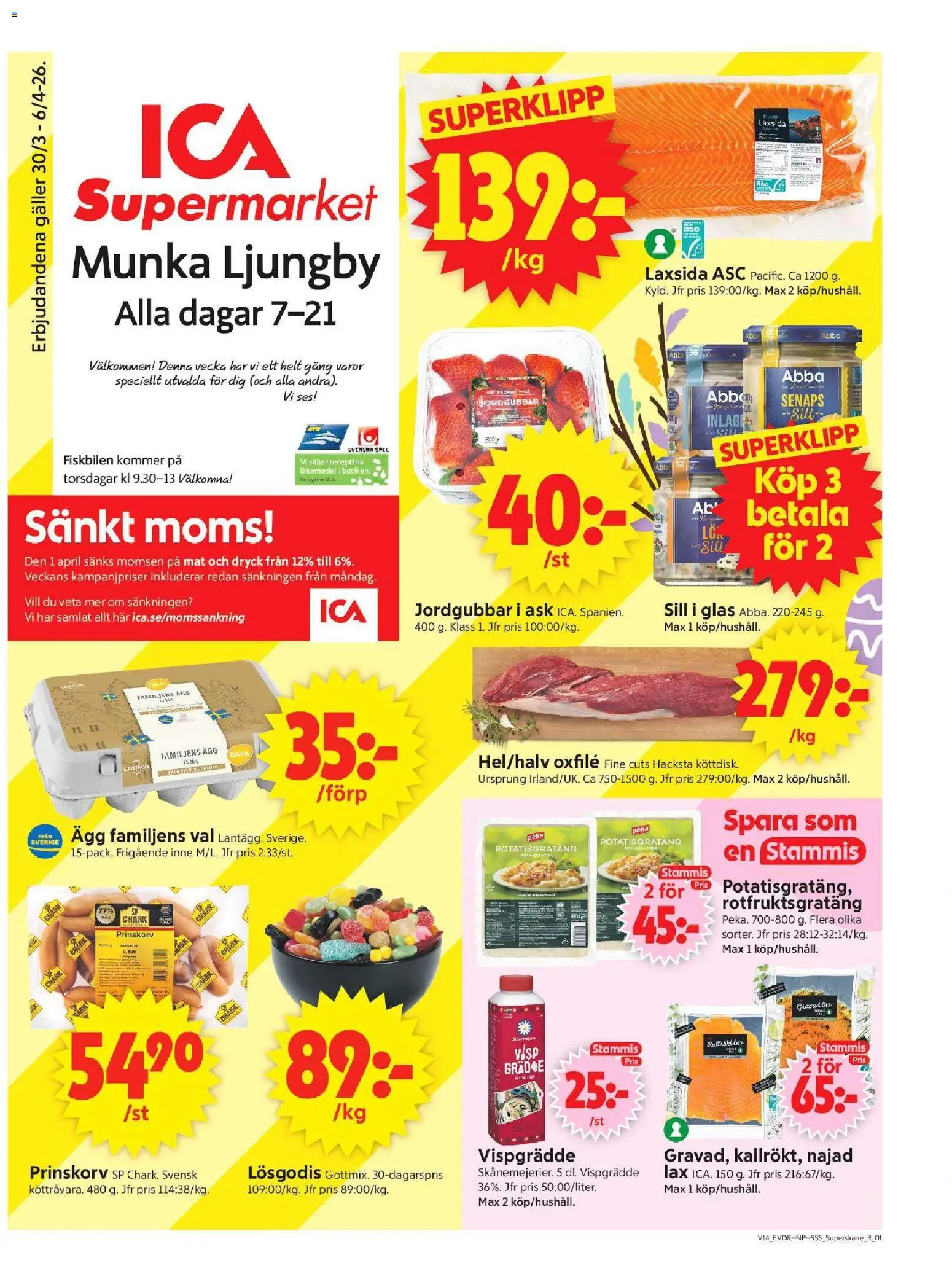 ICA Supermarket reklamblad aktuell från 30.03.2026 | Sida: 1 | Produkter: Prinskorv, Ägg, Oxfilé, Spel