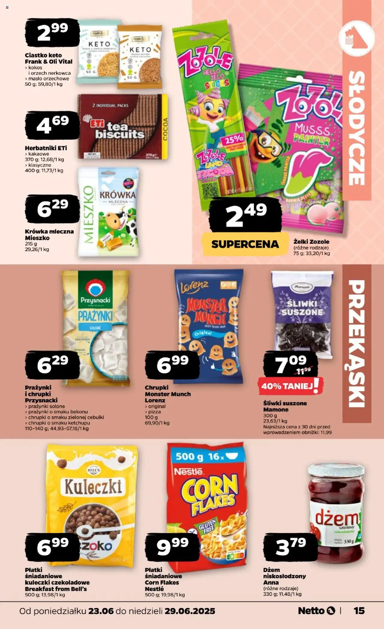 Netto gazetka - Spożywcza od 23.06.2025 | Strona: 15 | Produkty: Krowka, Płatki śniadaniowe, Żelki, Corn Flakes
