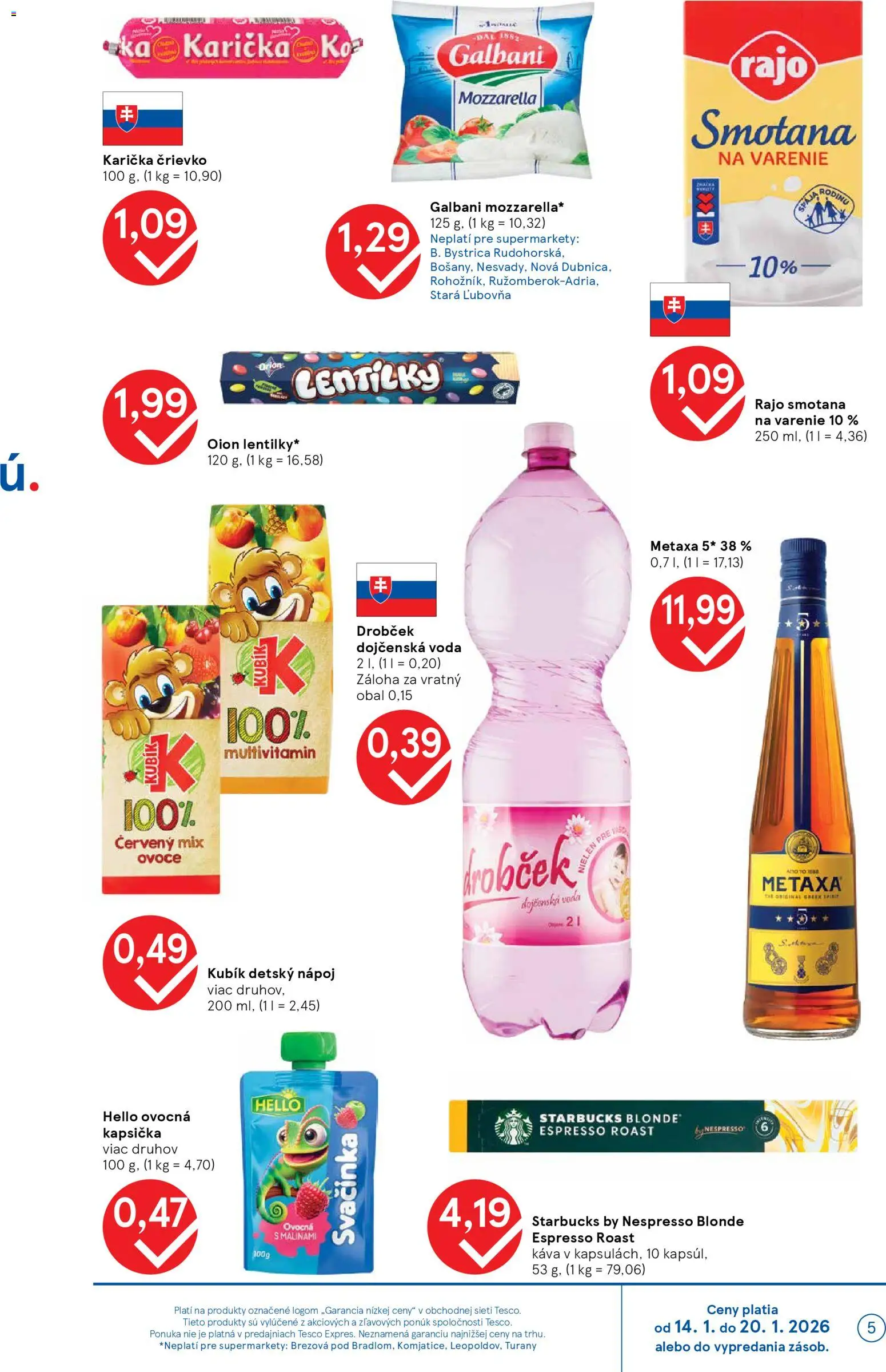 Nové Tesco akcie – leták je platný od 14.01.2026 | Strana: 5 | Produkty: Káva, Smotana, Brandy, Voda