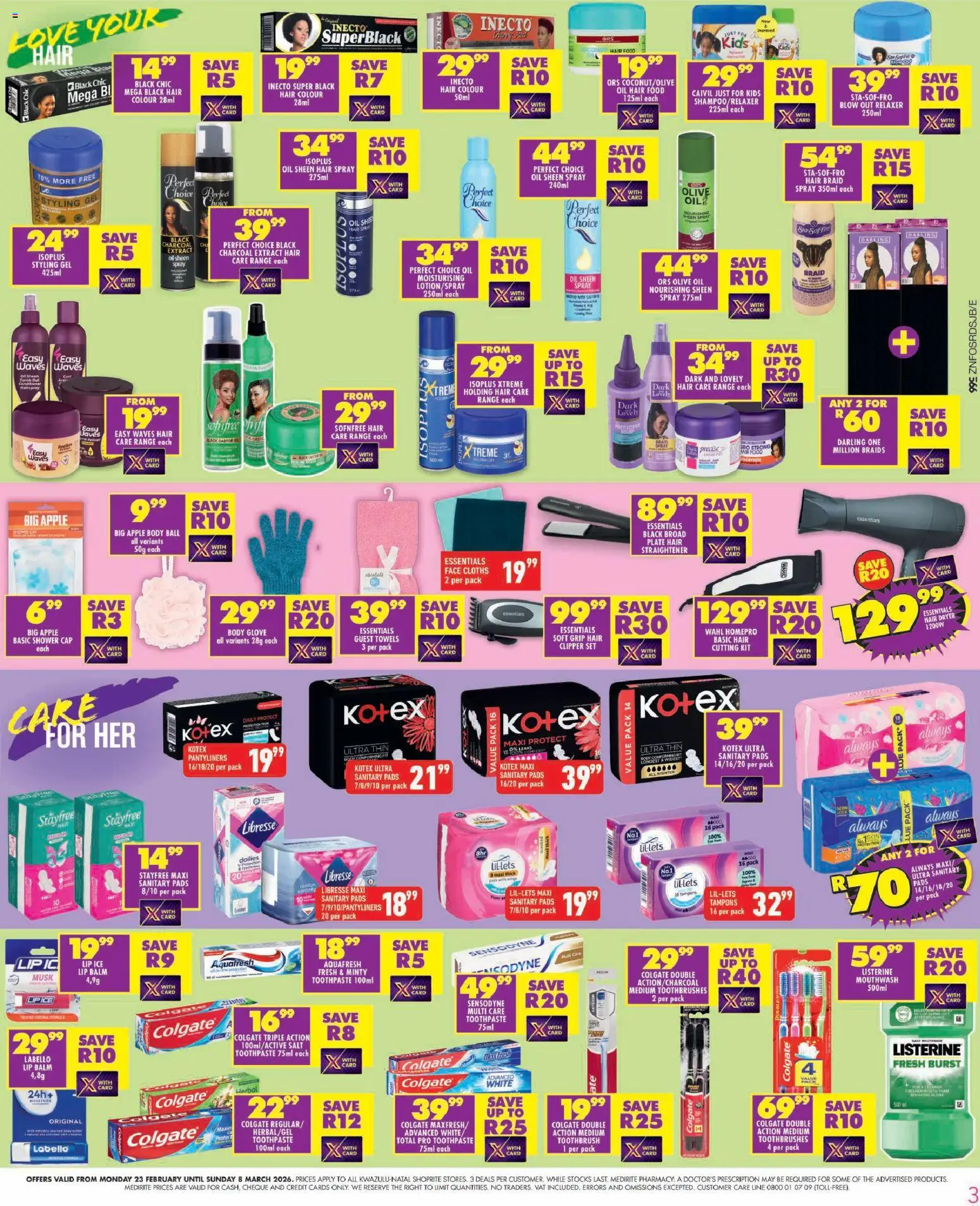 New Shoprite catalogue – valid from 23.02.2026 | Page: 3 | Products: Hair straightener, Shower, Conditioner, Lip balm