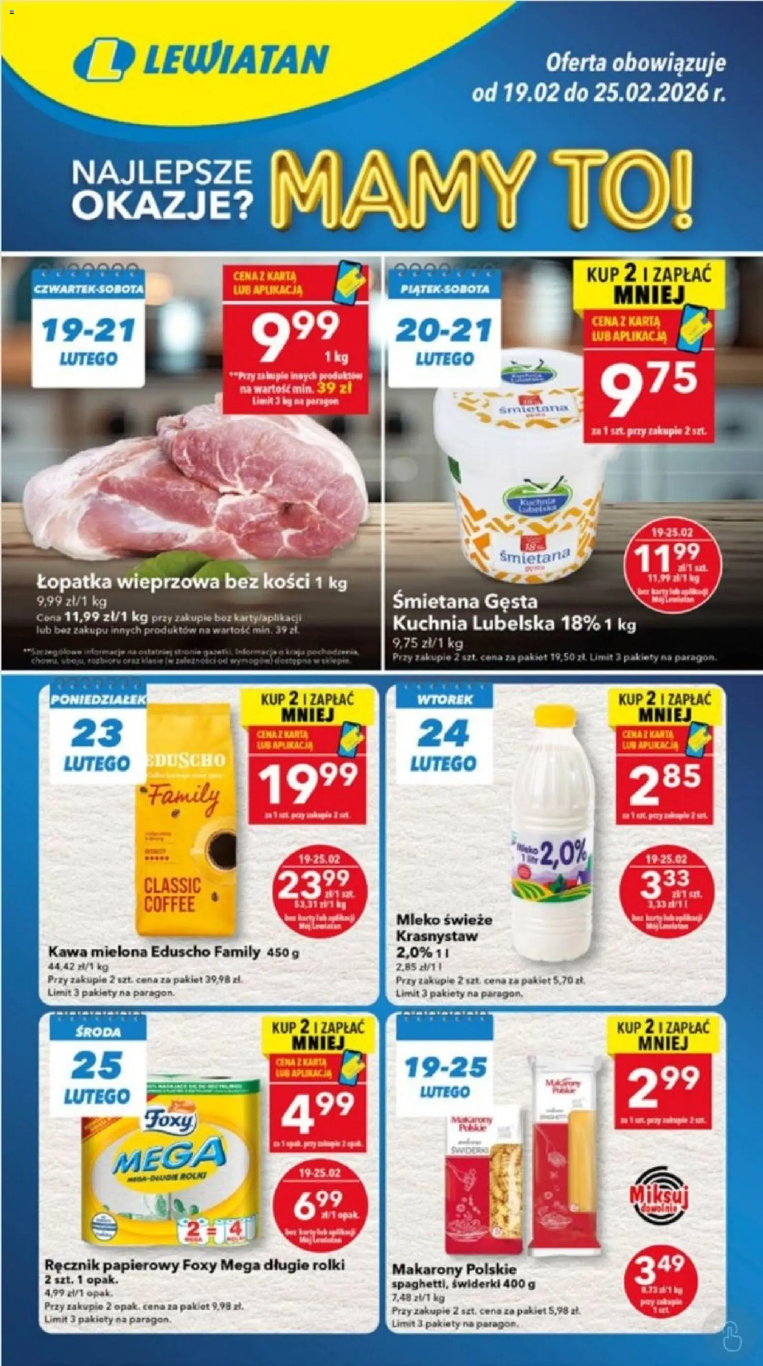 Lewiatan gazetka - Lublin od 19.02.2026 | Strona: 1 | Produkty: Rolki, Łopatka wieprzowa, Mleko, Ręcznik papierowy