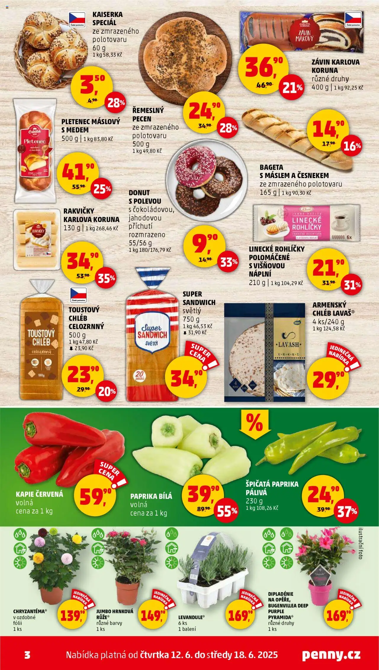 Penny Market leták - Čtvrtečník od 12.06.2025 | Strana: 3 | Produkty: Paprika, Paprika bílá, Toustový chléb, Bageta