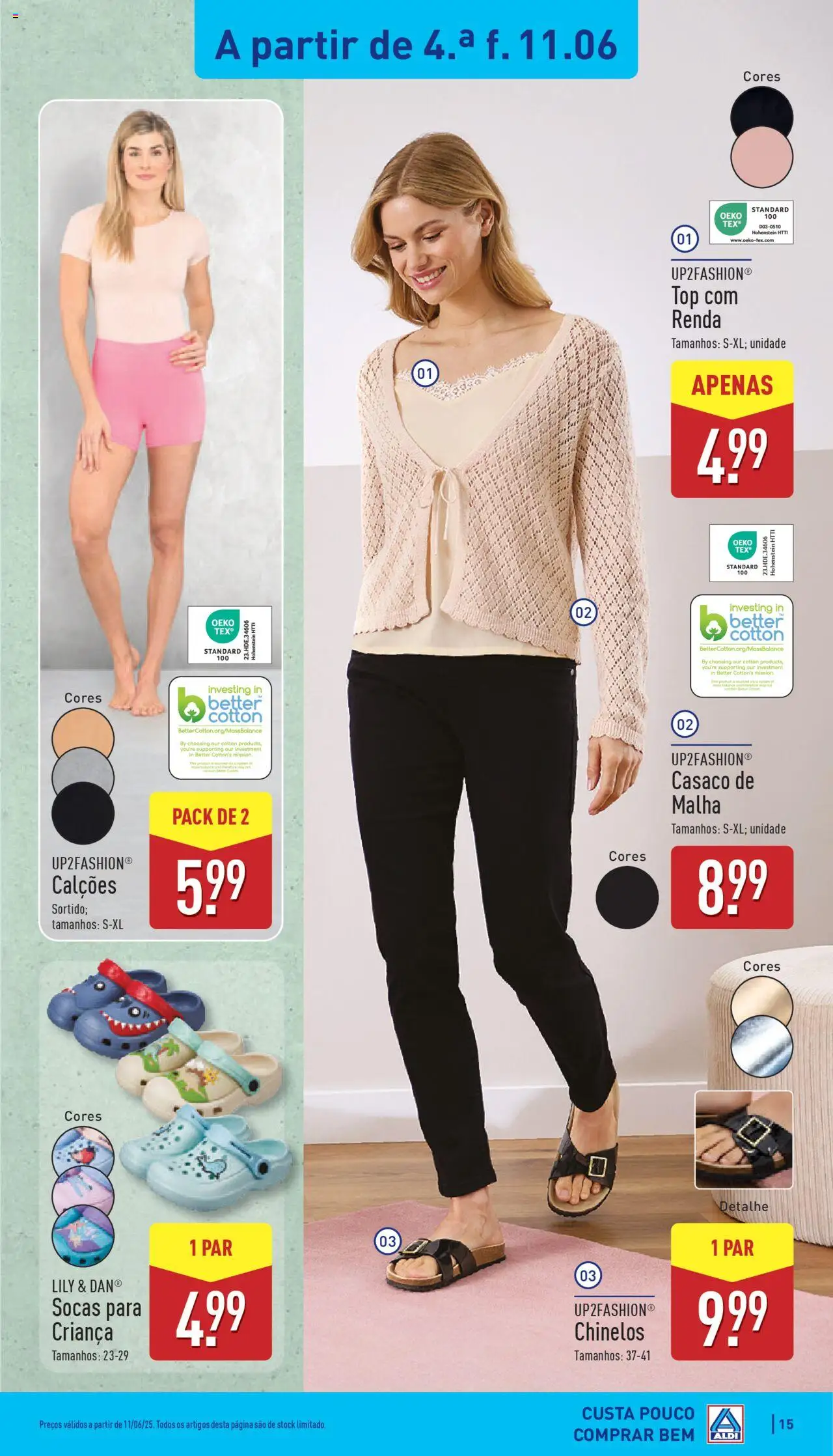 Aldi folheto │ válido de 09.06.2025 | Página: 15 | Produtos: Chinelos, Casaco, Top, Calções
