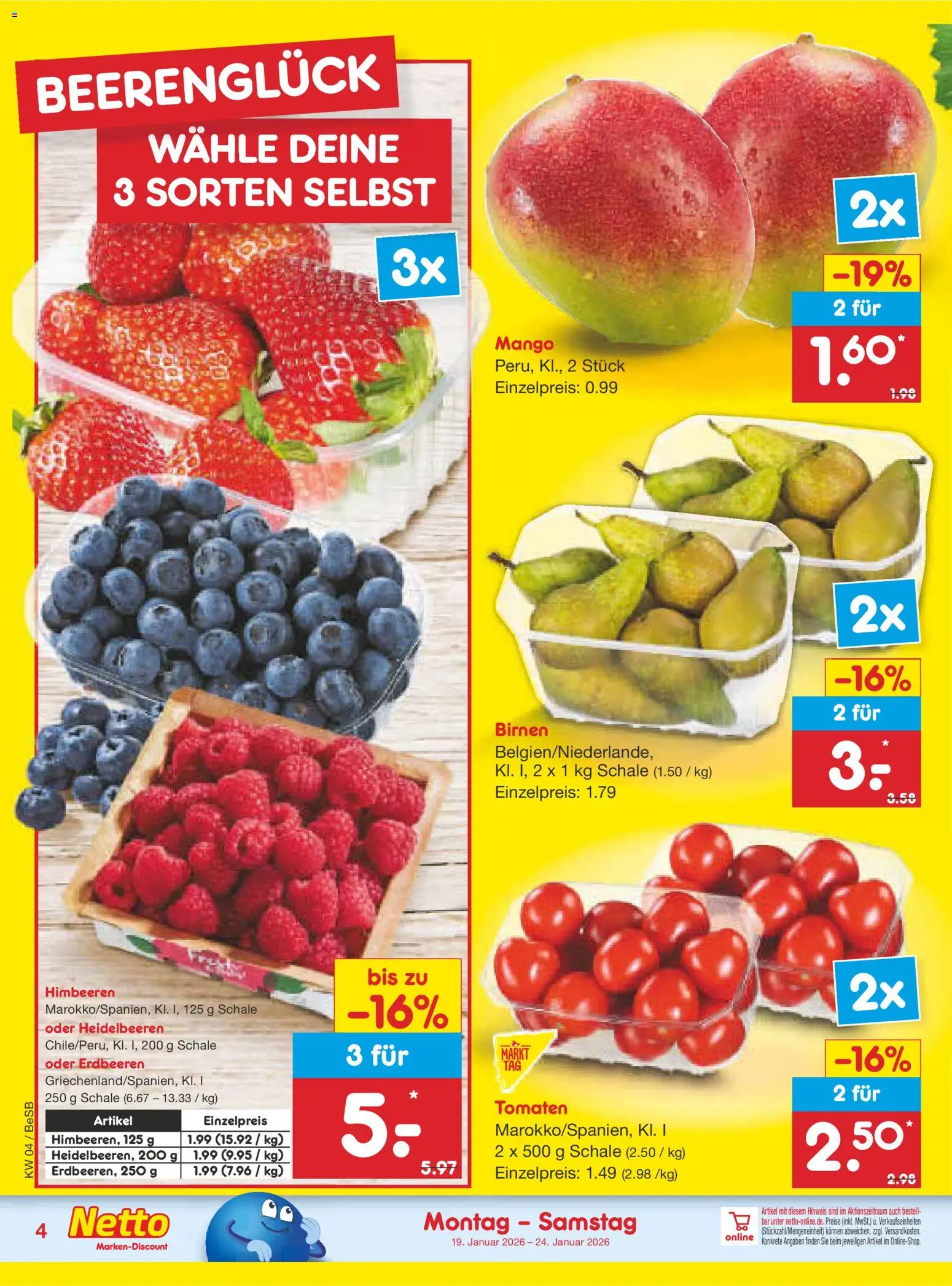 Netto Marken-Discount Prospekt 	 – gültig ab 19.01.2026 | Seite: 4 | Produkte: Himbeeren, Tomaten, Mango, Erdbeeren