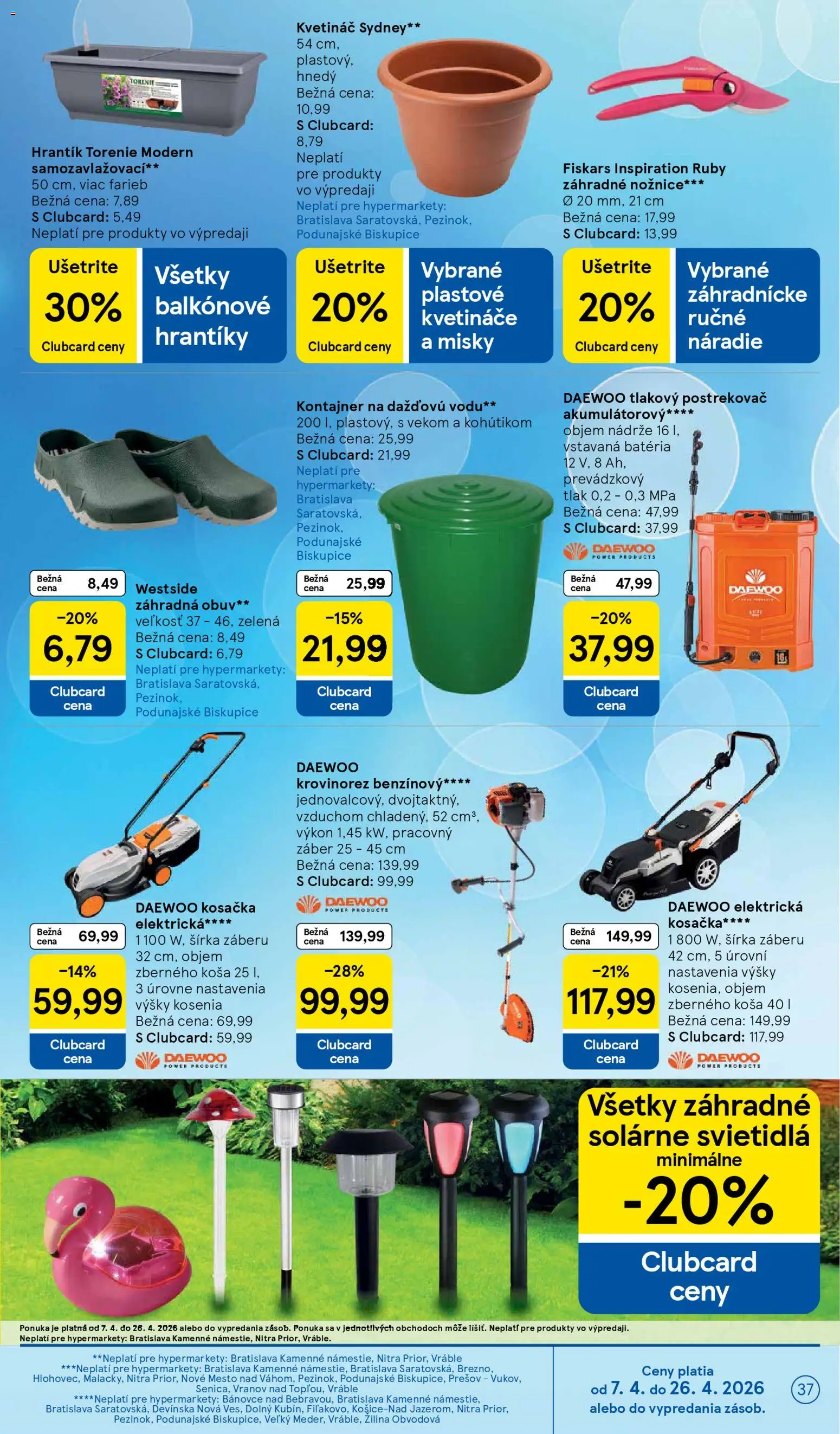 Nové Tesco akcie – leták je platný od 08.04.2026 | Strana: 37 | Produkty: Krovinorez, Svietidlá, Solárne svietidlá, Kosačka