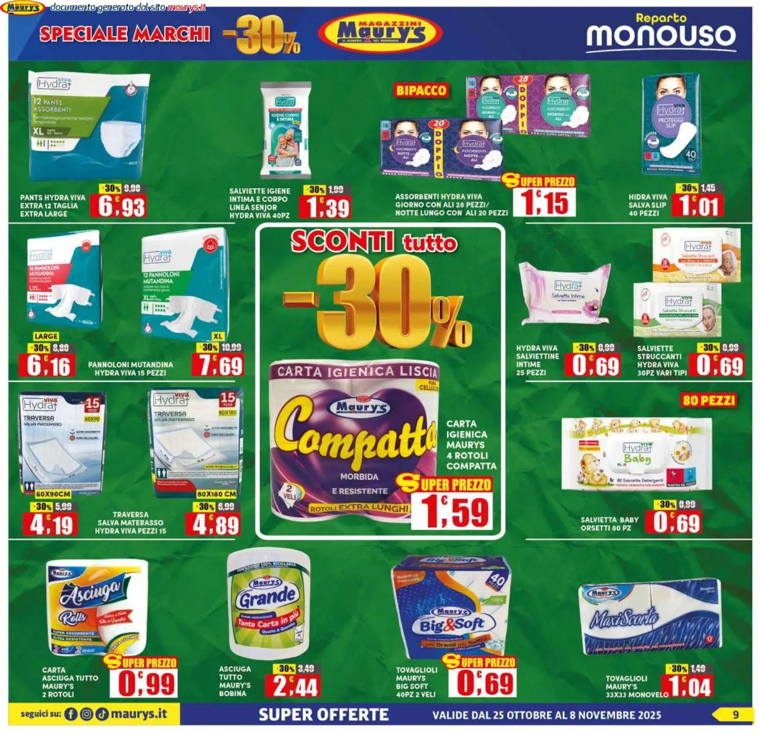 Volantino Maury's del 25.10.2025 | Pagina: 9 | Prodotti: Carta igienica, Slip, Materasso