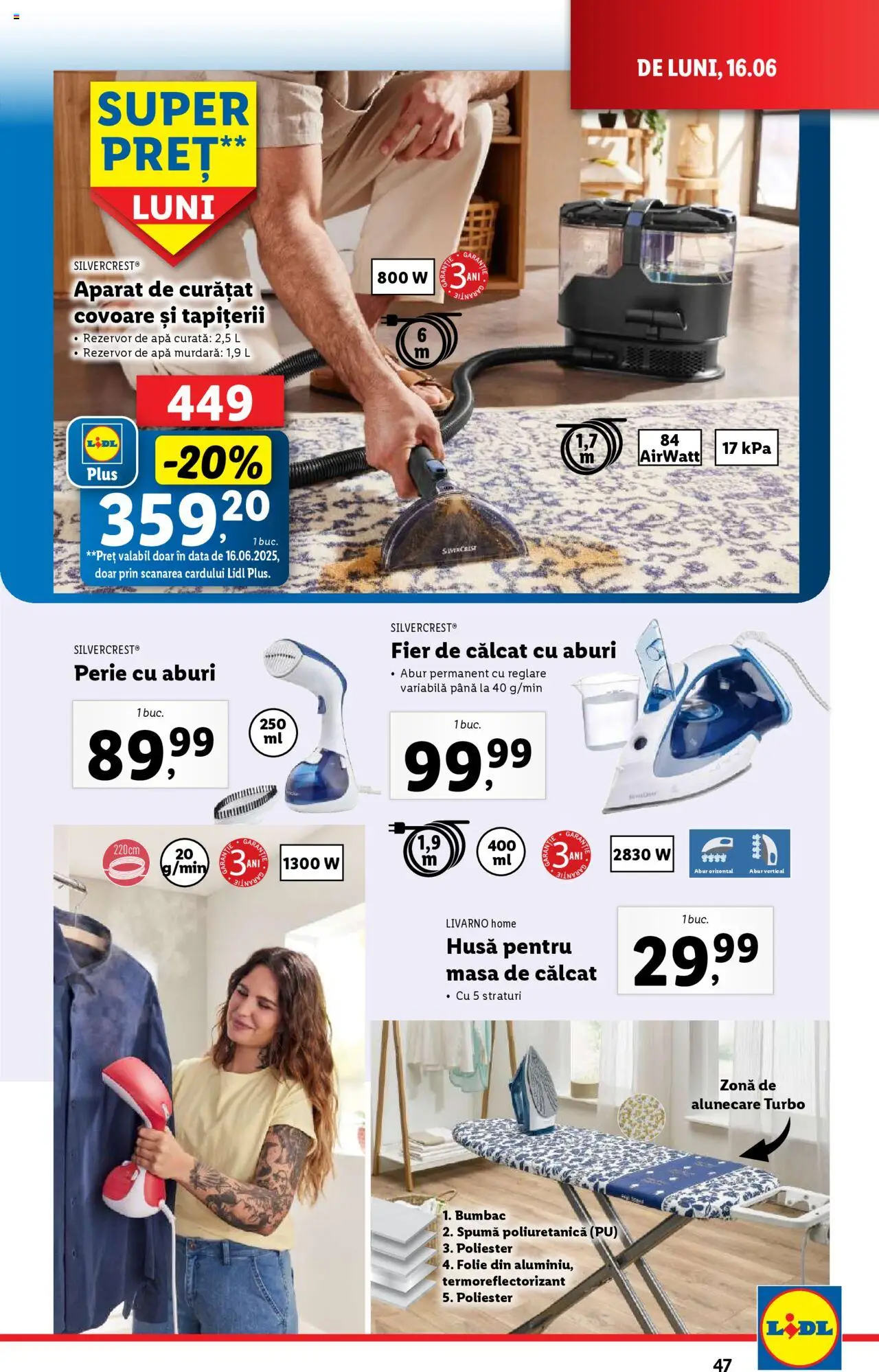 Catalog Lidl – valabil de la 16.06.2025 | Pagină: 47 | Produse: Fier de călcat, Perie, Masă de călcat, Apă