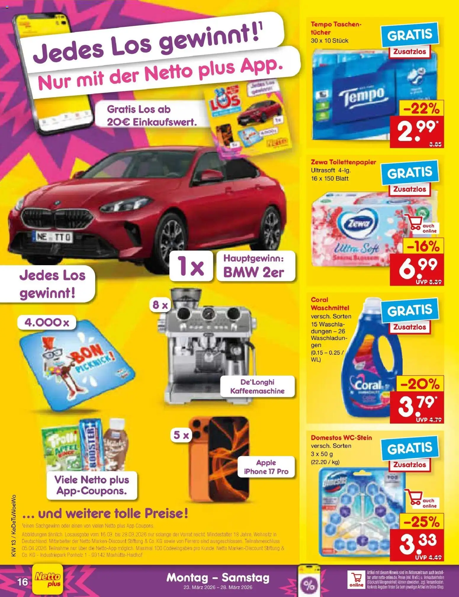 Netto Marken-Discount Prospekt Lahnau	 – gültig ab 23.03.2026 | Seite: 18 | Produkte: Kaffeemaschine, Coral waschmittel, Zewa, Apple