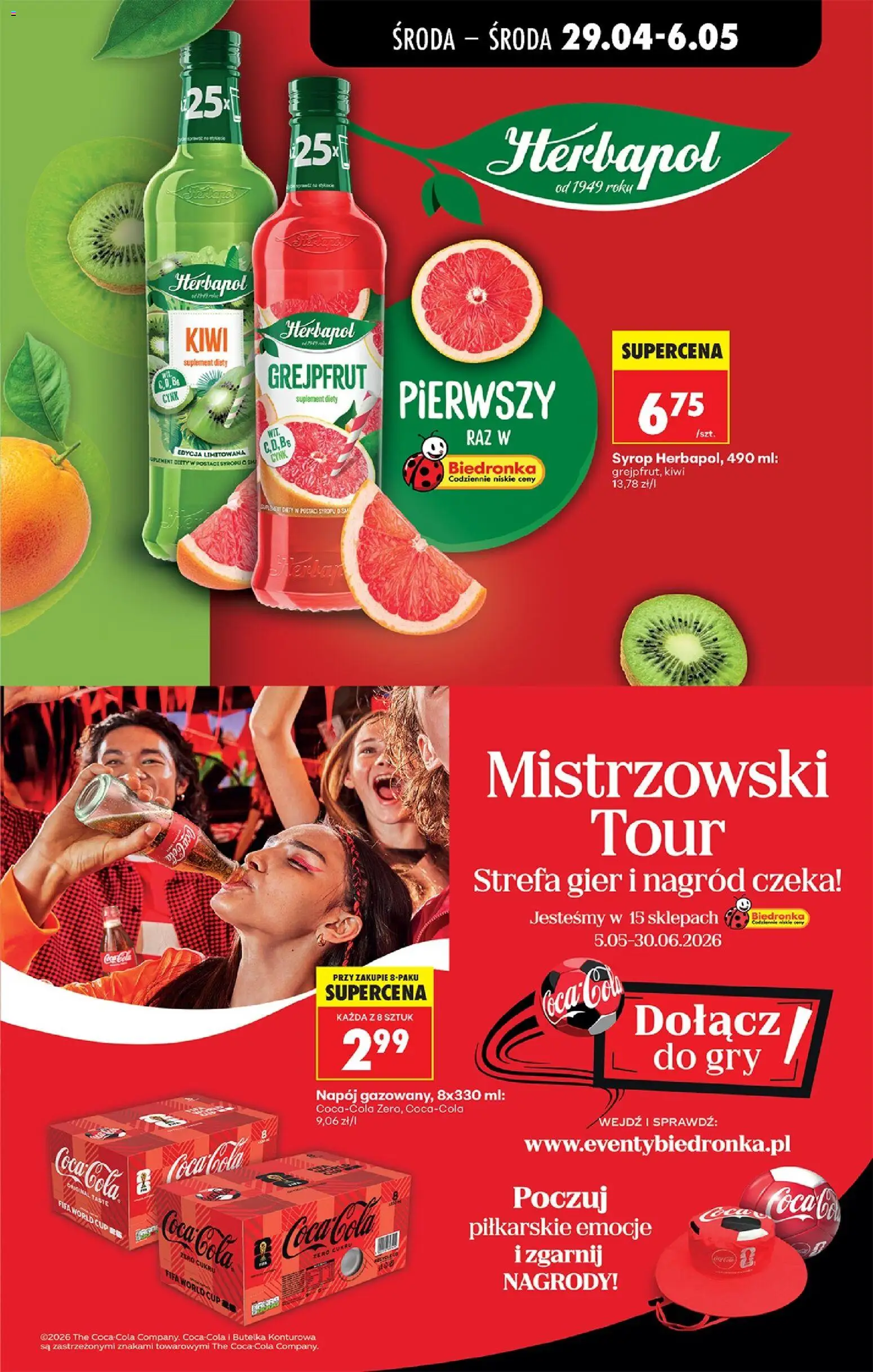 Biedronka gazetka od środy od 29.04.2026 | Strona: 82 | Produkty: Syrop, Coca cola, Kiwi, Grejpfrut