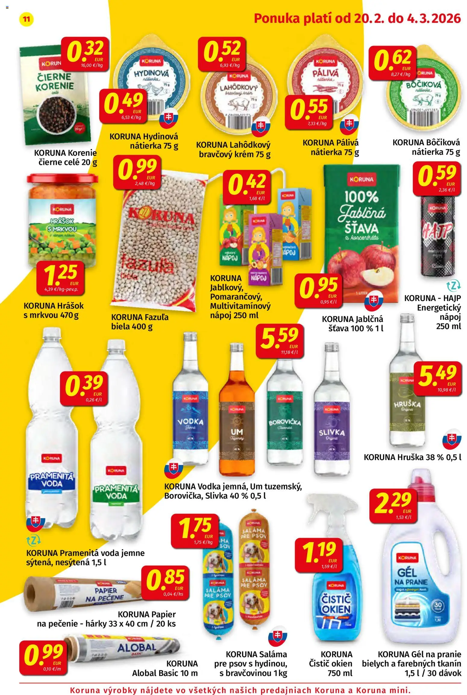 Nové Koruna akcie – leták je platný od 20.02.2026 | Strana: 11 | Produkty: Čistič okien, Krém, Korenie, Voda