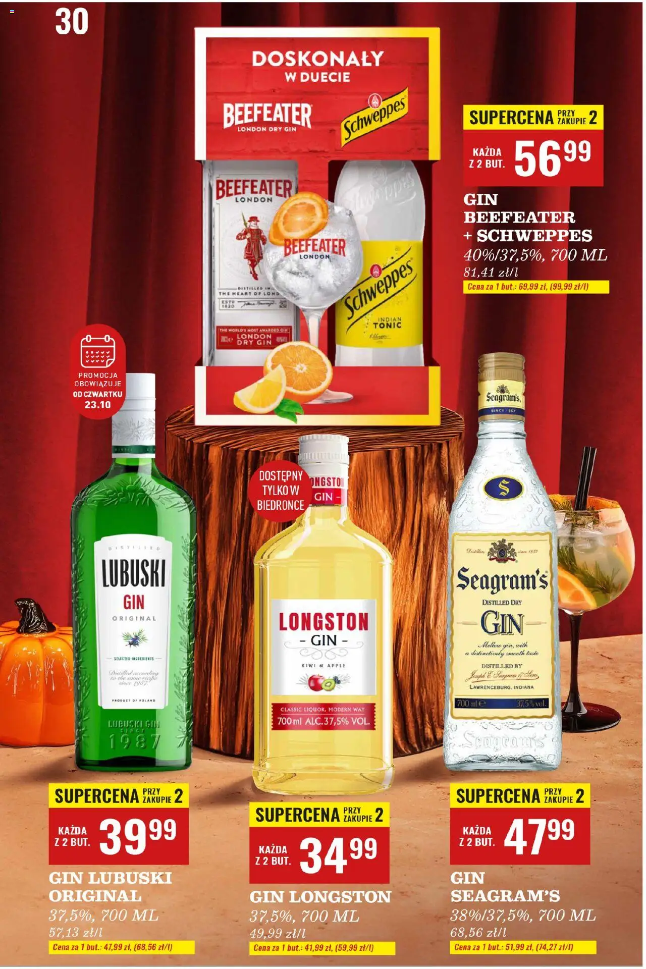Biedronka gazetka - Czas na toast od 20.10.2025 | Strona: 30 | Produkty: Gin Seagram's, Gin Lubuski, Gin, Kiwi