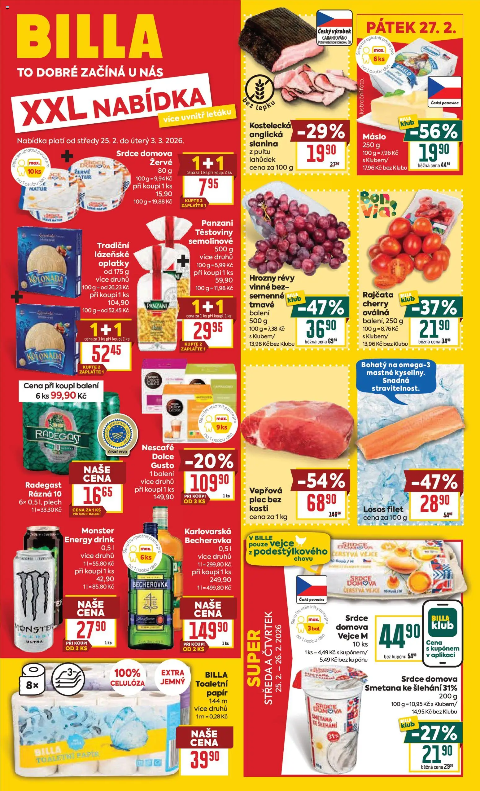 Billa Velký leták od 25.02.2026 | Strana: 1 | Produkty: Dolce Gusto, Smetana, Losos, Slanina