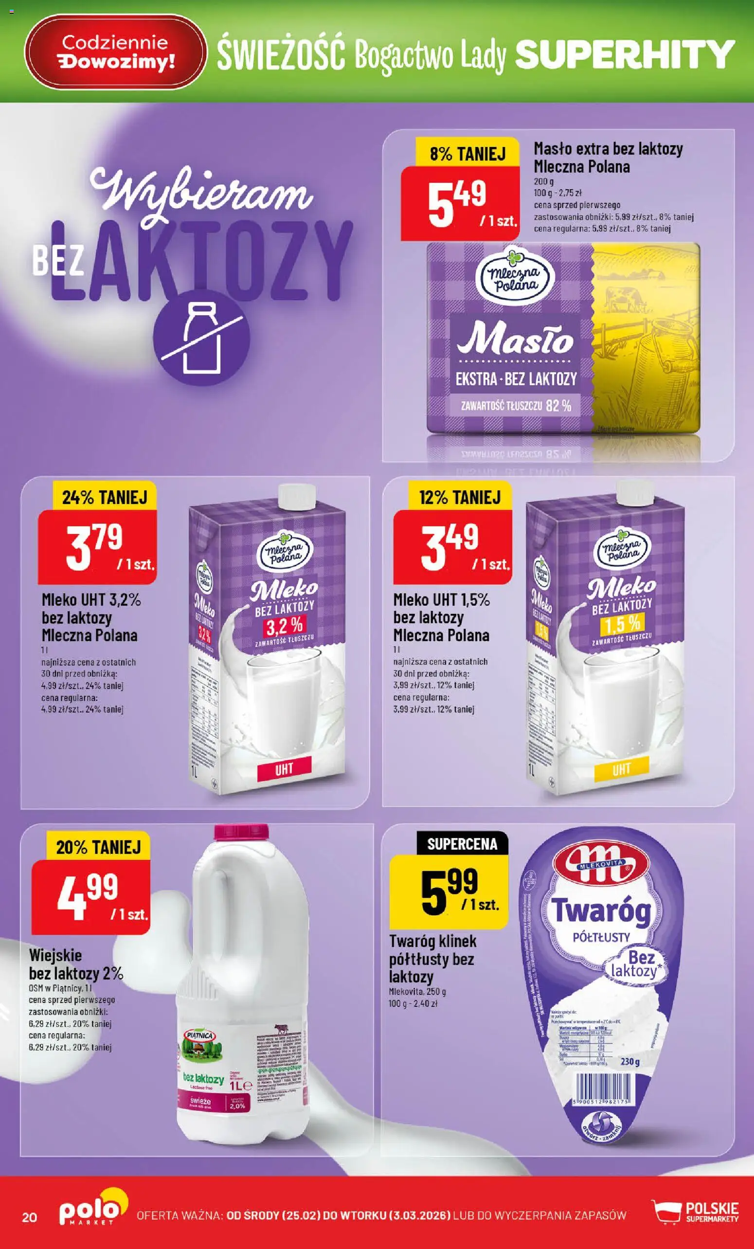 POLOmarket Gazetka od 25.02.2026 | Strona: 20 | Produkty: Bez laktozy, Mleko, Masło, Twaróg
