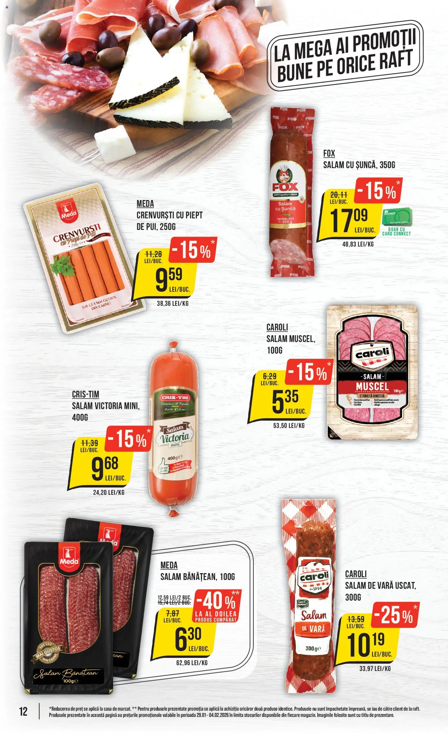 Noul catalog Mega Image – valabil de la 29.01.2026 | Pagină: 12 | Produse: Raft, Crenvurști, Salam, Șuncă