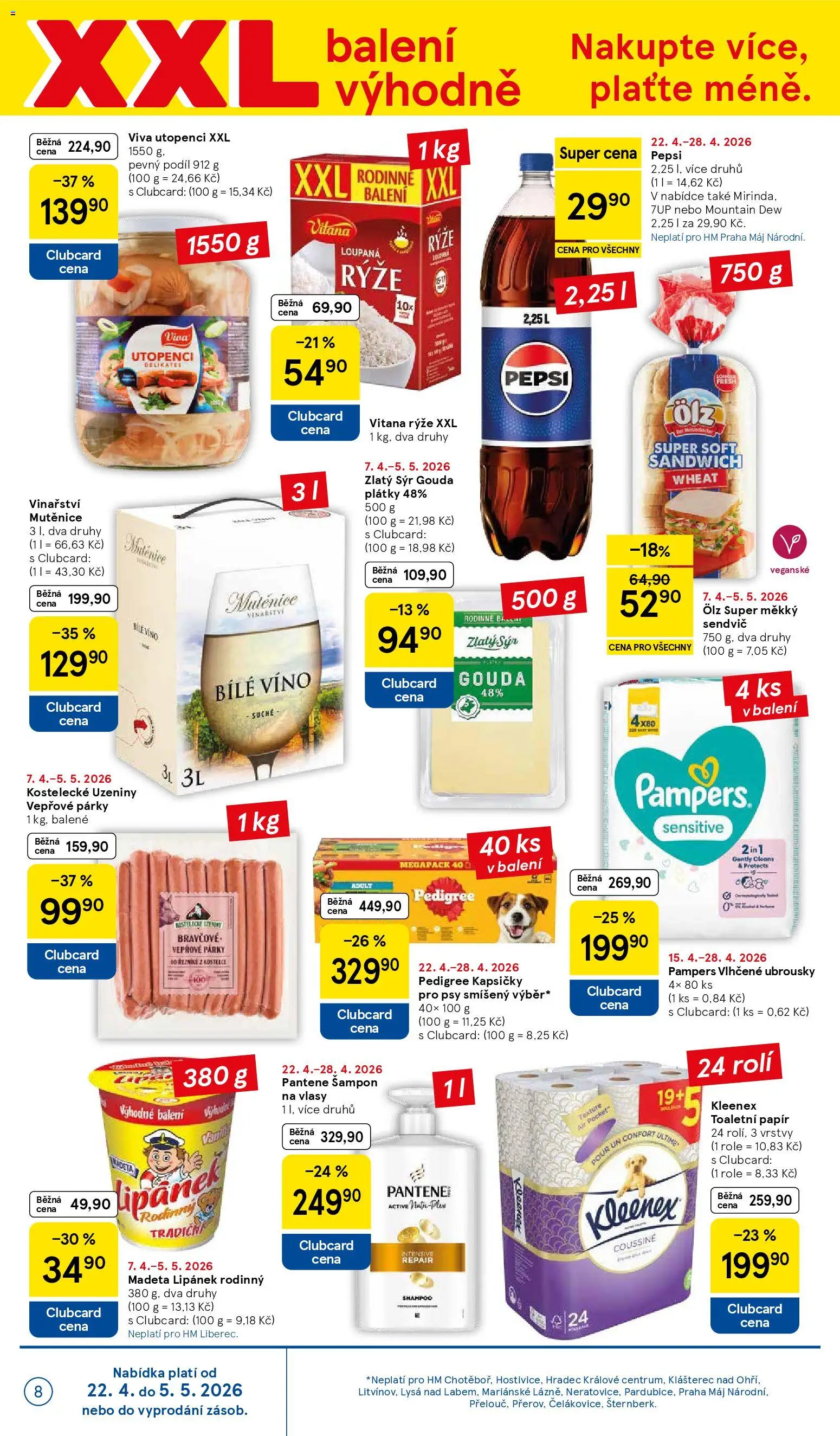 Tesco leták - Hypermarket od 22.04.2026 | Strana: 8 | Produkty: Gouda, Párky, Pedigree kapsičky, Šampon