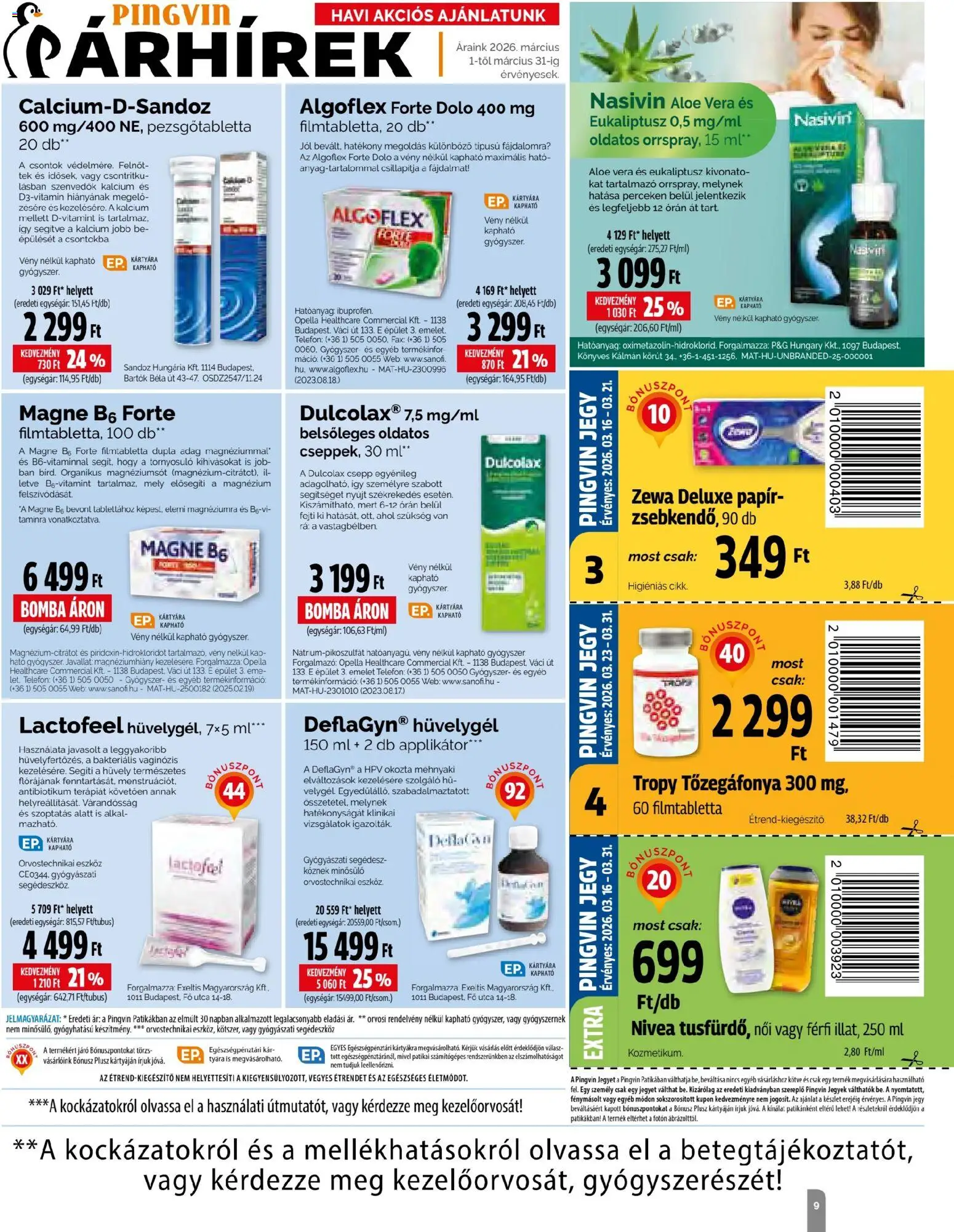 Pingvin Patika akciós ujság - amely érvényes a következő dátumtól: 01.03.2026 | Oldal: 9 | Termékek: Applikátor, Pezsgőtabletta, Aloe vera