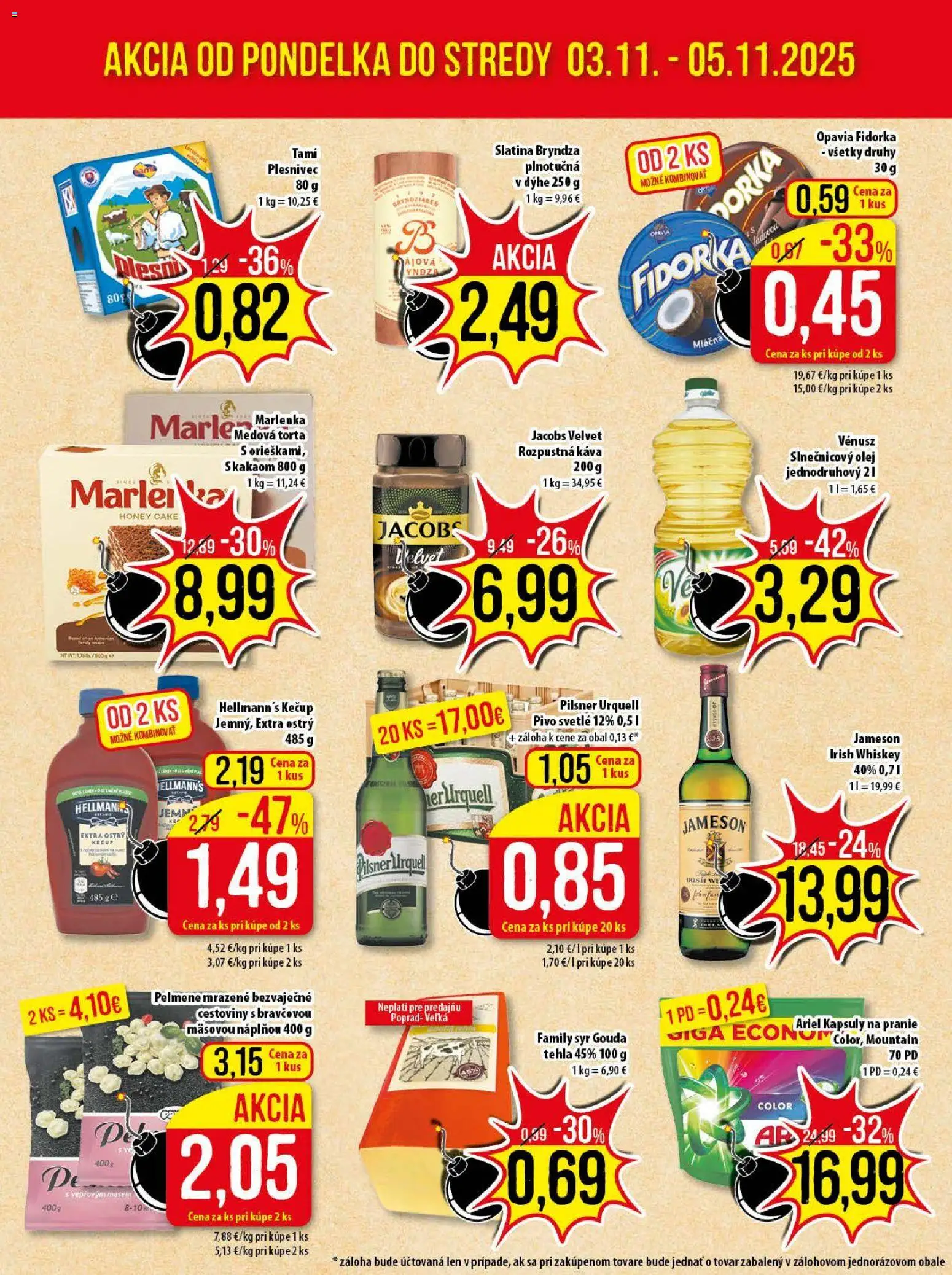 Nové Klas akcie – leták je platný od 03.11.2025 | Strana: 3 | Produkty: Pilsner Urquell, Jameson, Torta, Bryndza