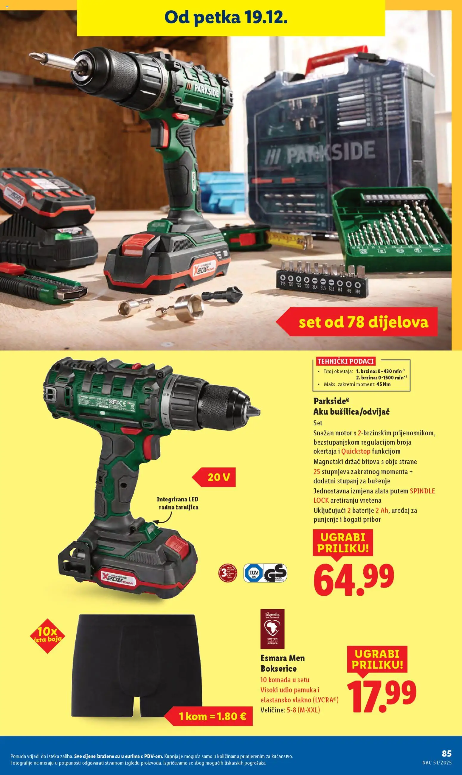 Lidl katalog | vrijedi od 15.12.2025 | Stranica: 85 | Proizvodi: Bokserice, Baterije, Parkside