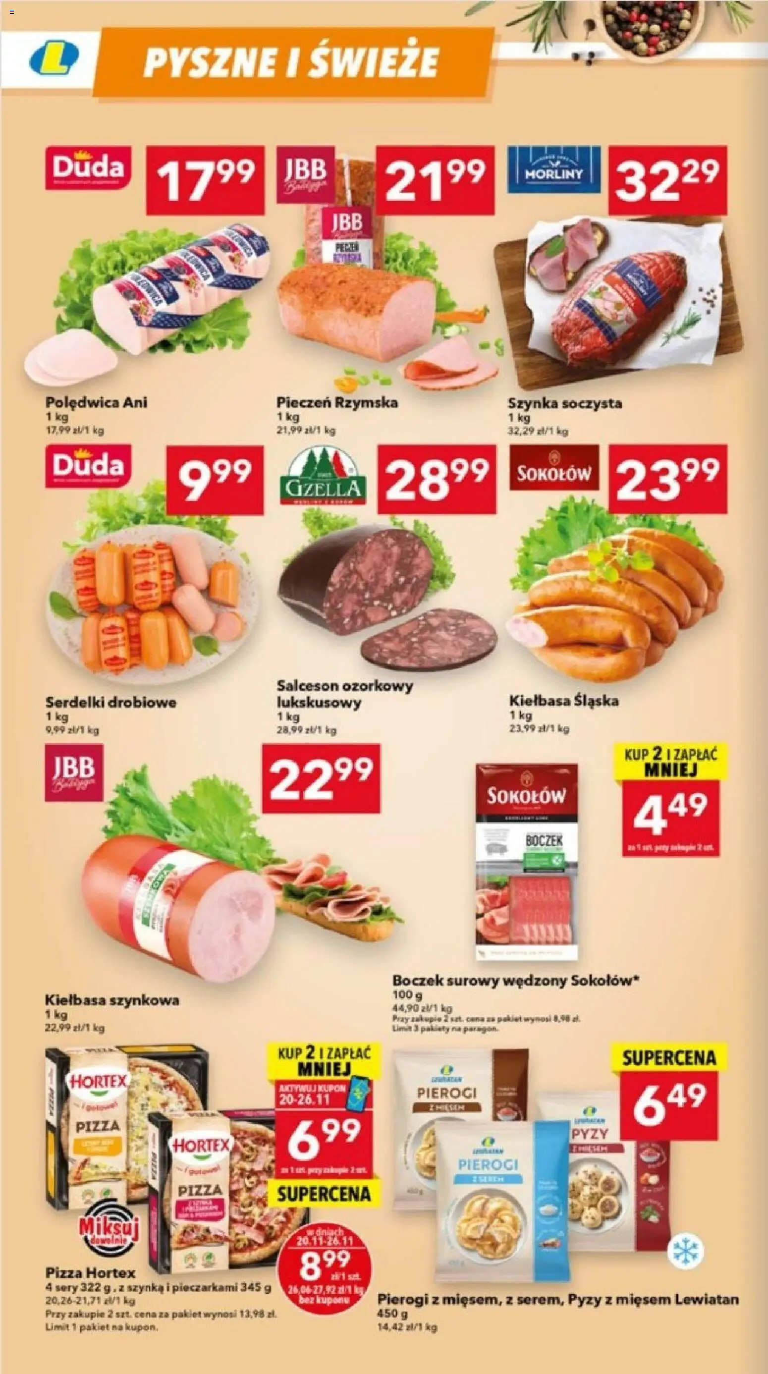 Lewiatan gazetka - Szczecin od 20.11.2025 | Strona: 2 | Produkty: Kiełbasa, Pierogi, Szynka, Pizza