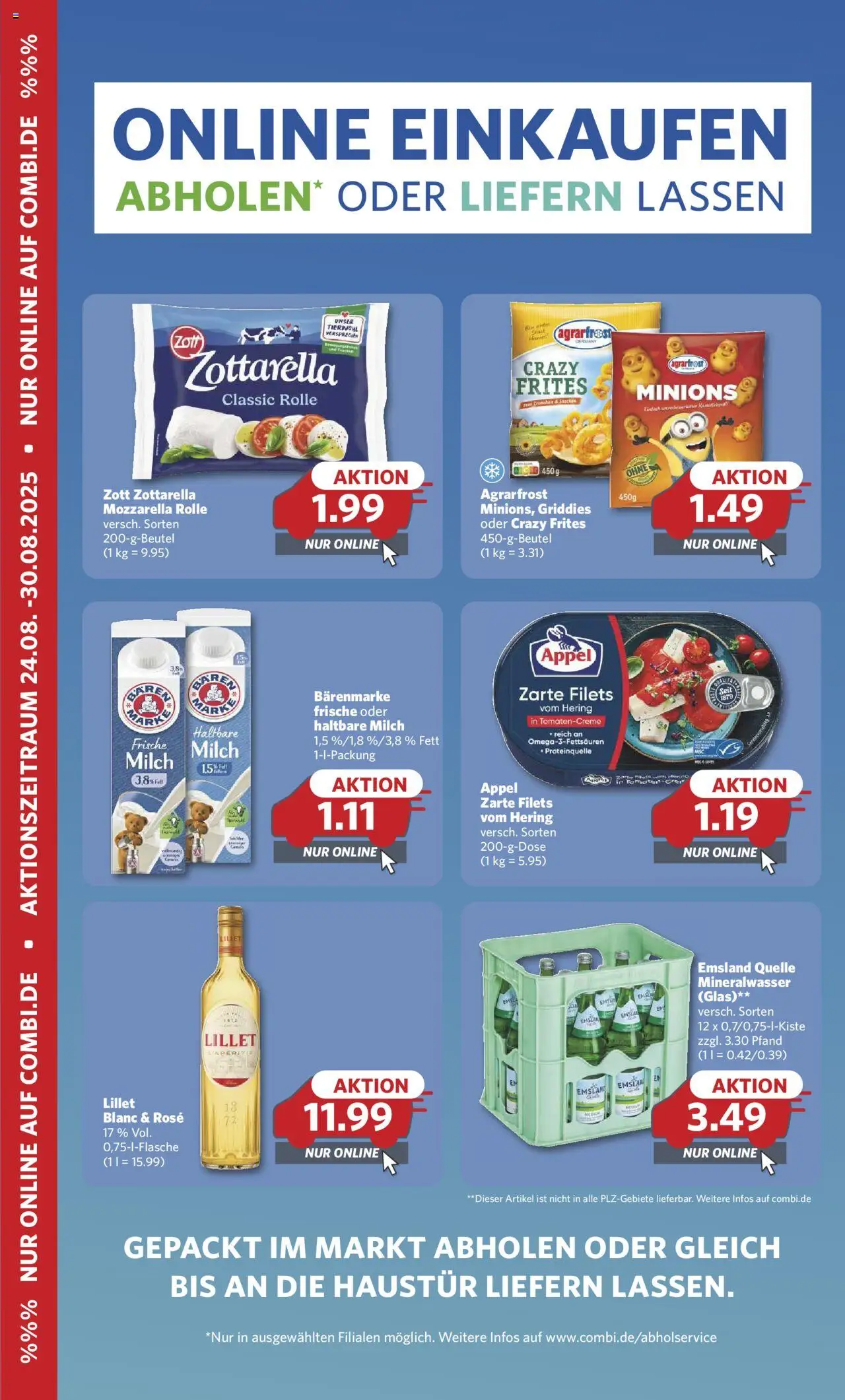 Combi Online Einkaufen - gültig ab dem 24.08.2025 | Seite: 1 | Produkte: Milch, Mozzarella, Mineralwasser, Lillet