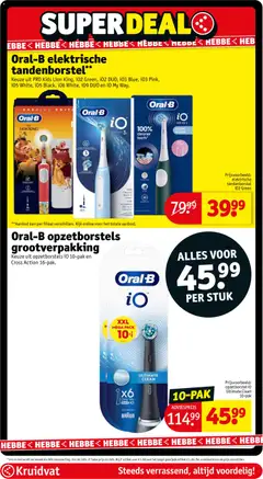 Oral-B elektrische tandenborstel**, Keuze uit PRO Kids Lion King, 102 Green, 102 DUO, 103 Blue, 103 Pink, 105 White, 105 Black, 106 White, 109 DUO en 10 My Way. - Voorbeeld van een folder van Kruidvat, geldig van 25.11.2025 | Pagina: 62 | Producten: Tandenborstel, Kan, Elektrische tandenborstel